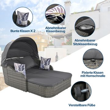 KLAM HOME Gartenlounge-Set Wetterfeste Sonnenliege aus Korbgeflecht mit verstellbarem Baldachin, (2 tlg., 1*Doppel-Lounge 4*Kissen abnehmbarem Kissenbezug), Polyrattan-Strandkorb verstellbares Loungeset für Garten Pool Outdoor