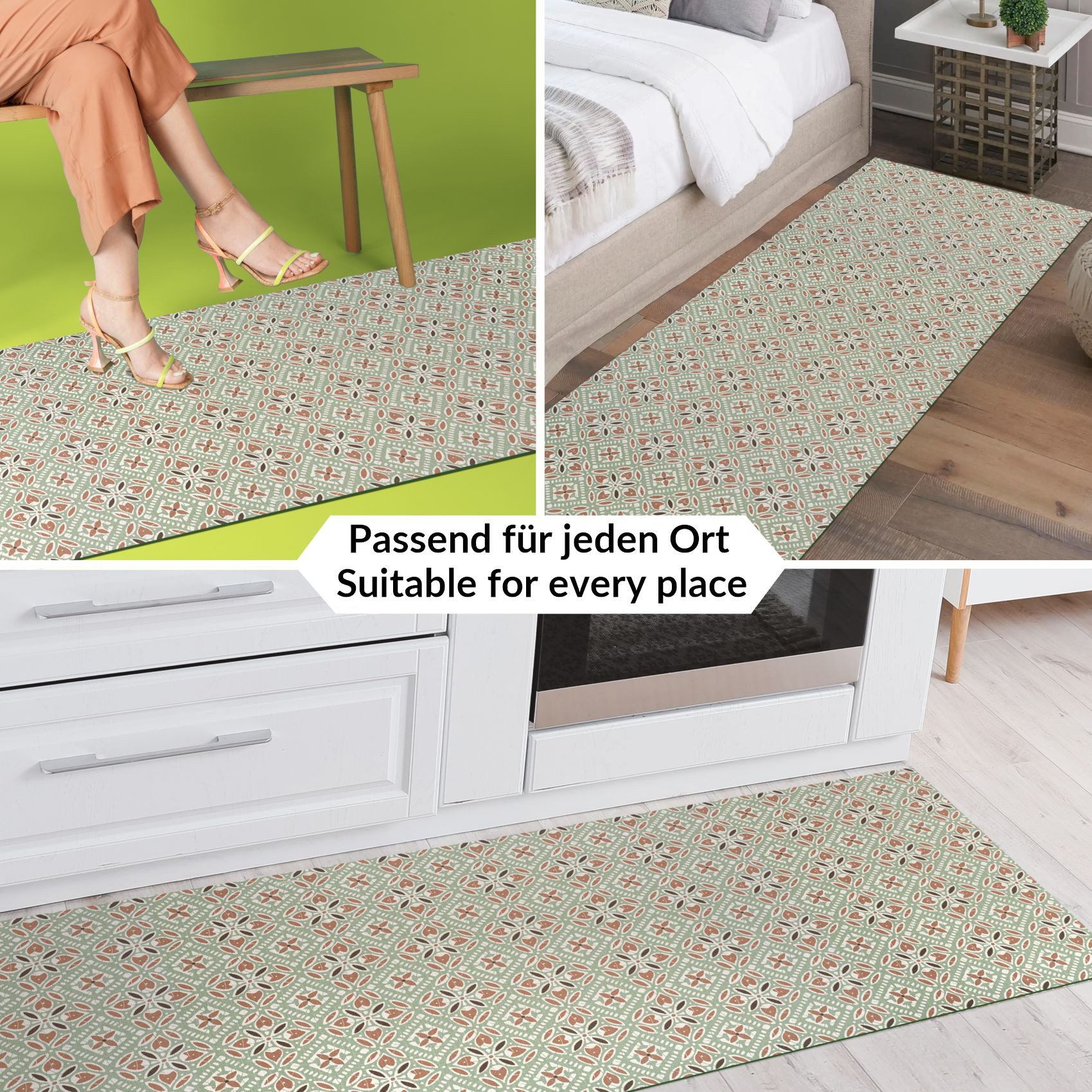 ANRO Küchenläufer RANNA Bodenmatte Flurläufer Teppichläufer Küchenteppich, eckig, Höhe: 3 mm, Meterware rutschfest 120cm Majolica Grün Beige wasserdicht