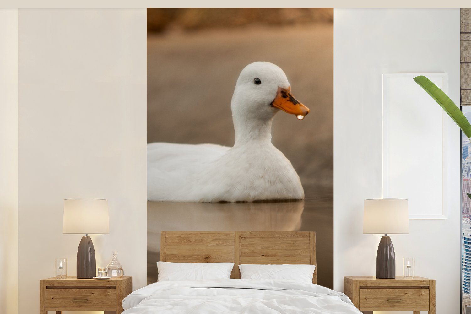 MuchoWow Fototapete Ente - Vogel - Wasser - Weiß, Matt, bedruckt, (2 St), Vliestapete für Wohnzimmer Schlafzimmer Küche, Fototapete