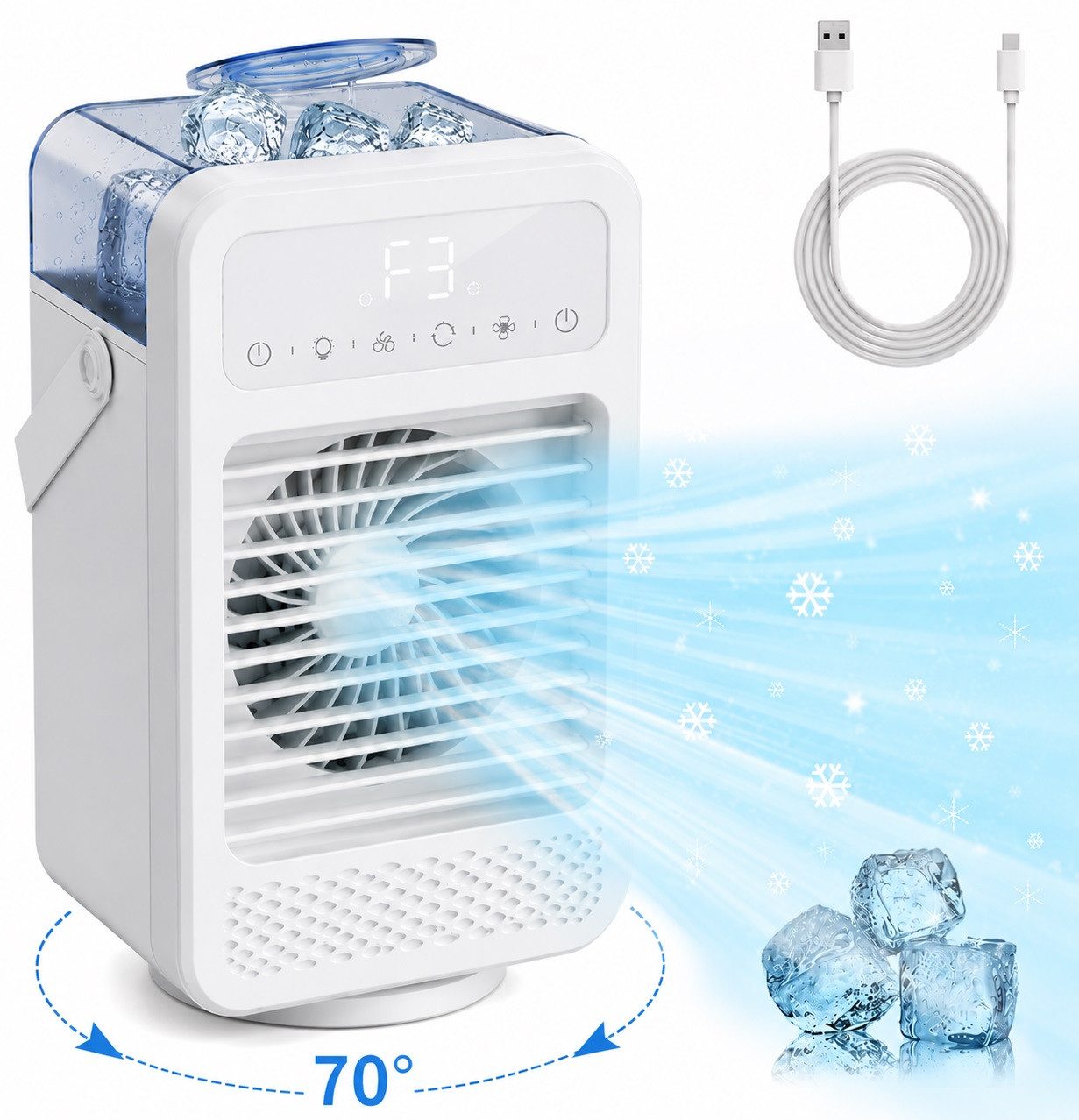 MOPUEA Ventilatorkombigerät Tragbare Mobiles Klimagerät 4-in-1, Mini Luftkühler mit Wasserkühlung, 600ml Wassertank, 4 Windgeschwindigkeiten, Timer, Farben Licht