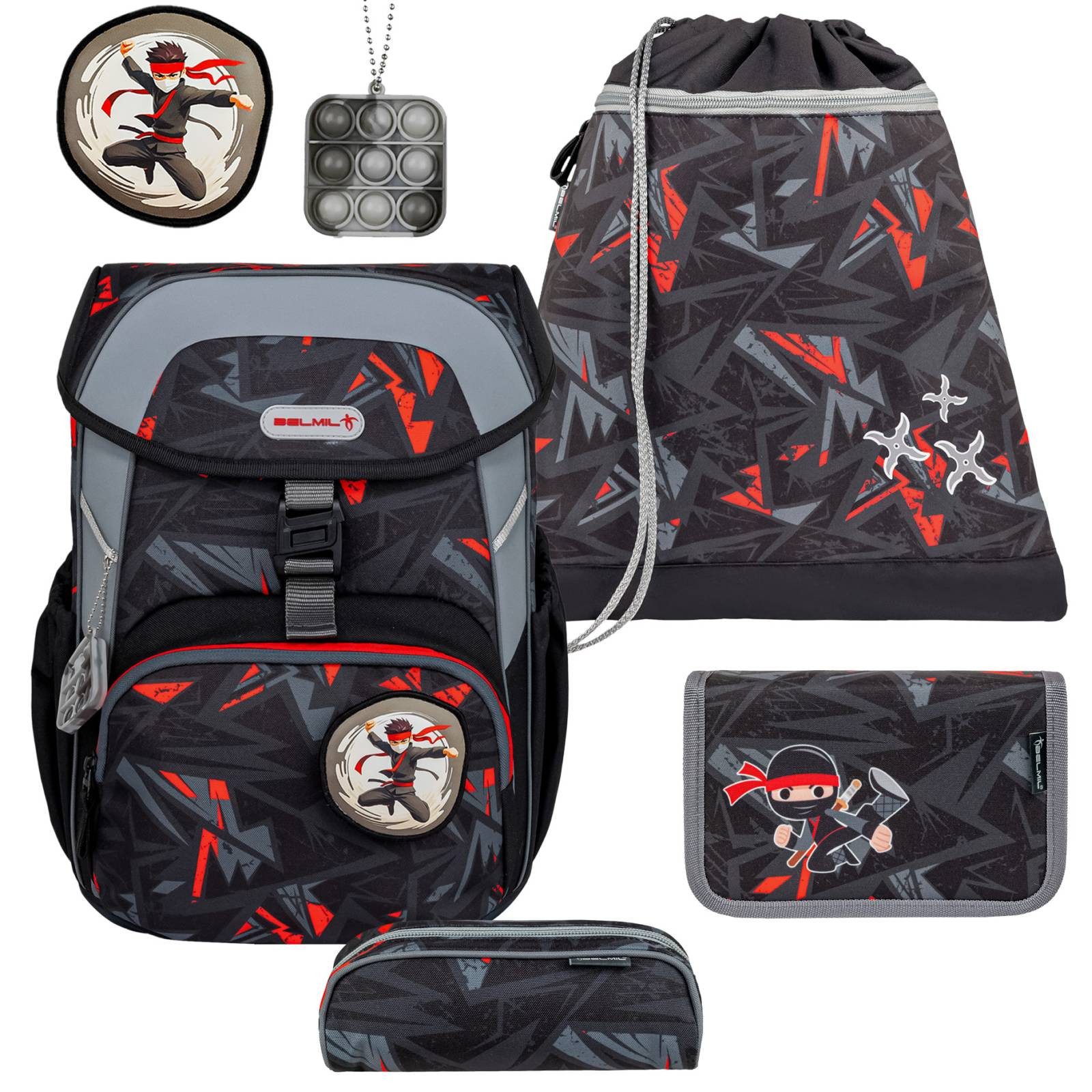Belmil Schulranzen "Maxi" 2026 Set 1. Klasse, 22 Liter Volumen, Ninja, 4tlg.,1. Klasse, Grundschule, Einschulung, Jungen