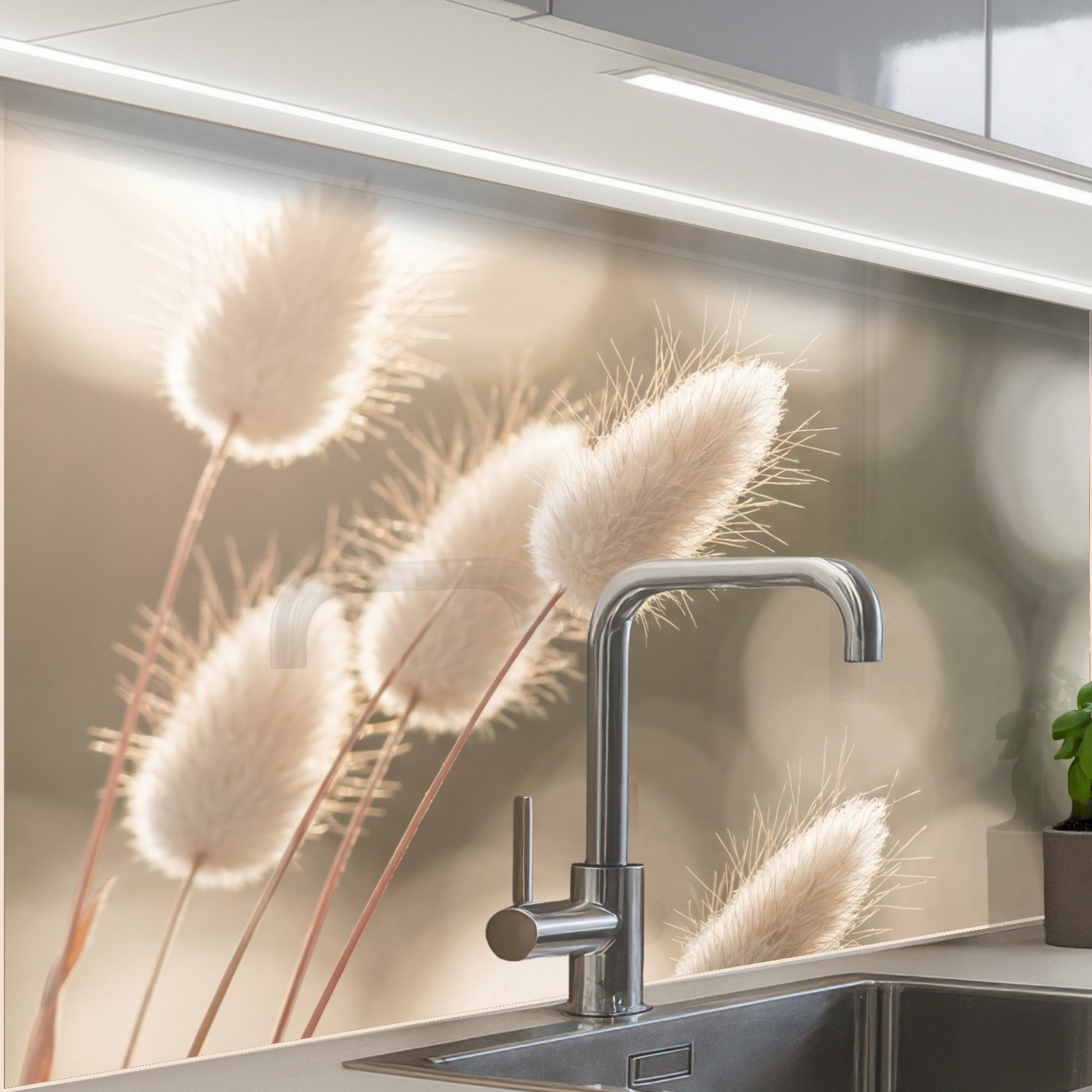 KitchenYeah Küchenrückwand Muster selbstklebend (keine Folie) Haselschwanzgras - Weiß - Sonnenlic, (1-tlg), Spritzschutz, Küche, Rückwand, Küchenwand, Küchenfront, 30x20 cm