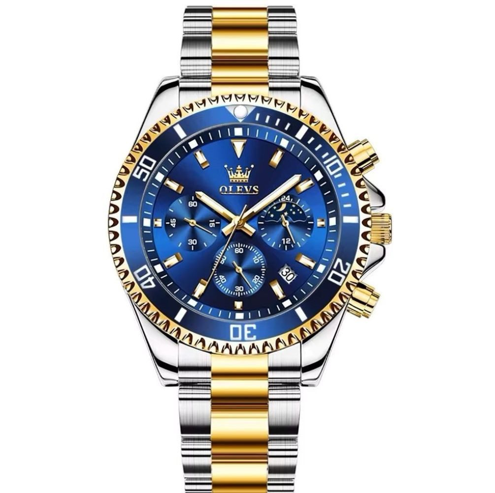 Quarzuhr OLEVS 2870 Edelstahl Uhr Bicolor Blau für Männer modisch und leger 2870