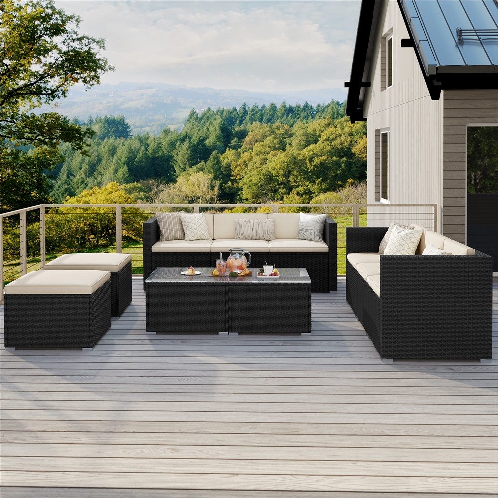 Yaheetech Gartenlounge-Set Balkonset 5er-Sofa-Set Patio-Set in Rattan-Optik, Gartengarnitur aus 2 Ecksofa & Sofa & Stuhl & Beistelltisch