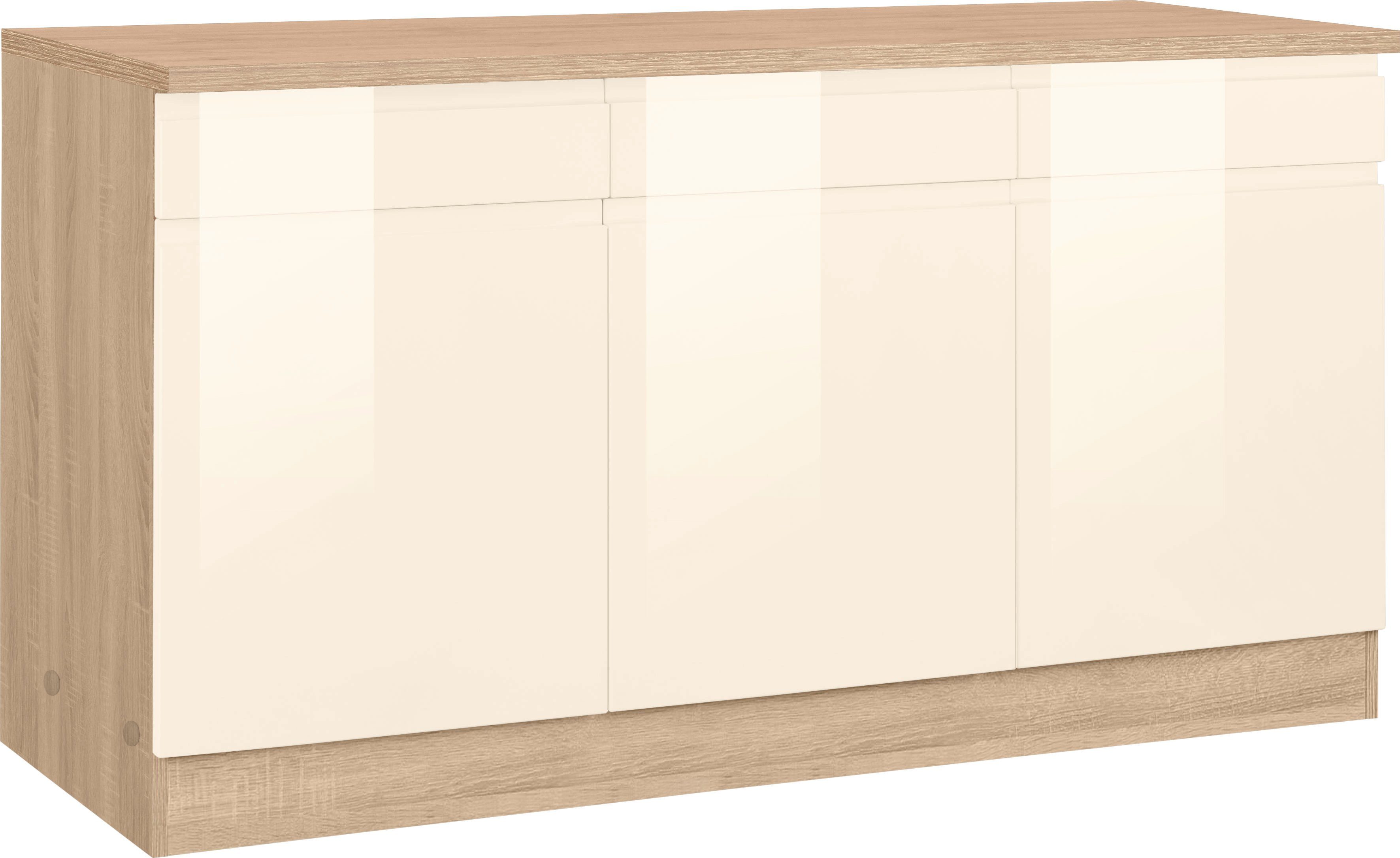 HELD MÖBEL Unterschrank Virginia 85 cm hoch, 150 cm breit, 3 Schubladen, 3 Türen, griffloses Design creme Hochglanz | eiche sonoma