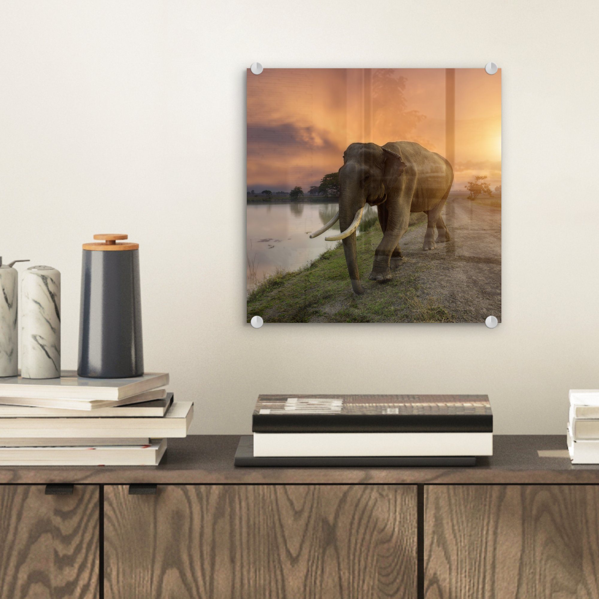 Wasser - Elefant (1 - Sonnenuntergang MuchoWow - - Wanddekoration Glas Glasbilder - Tiere - Foto Wandbild St), Acrylglasbild Bilder auf Glas Natur, - auf
