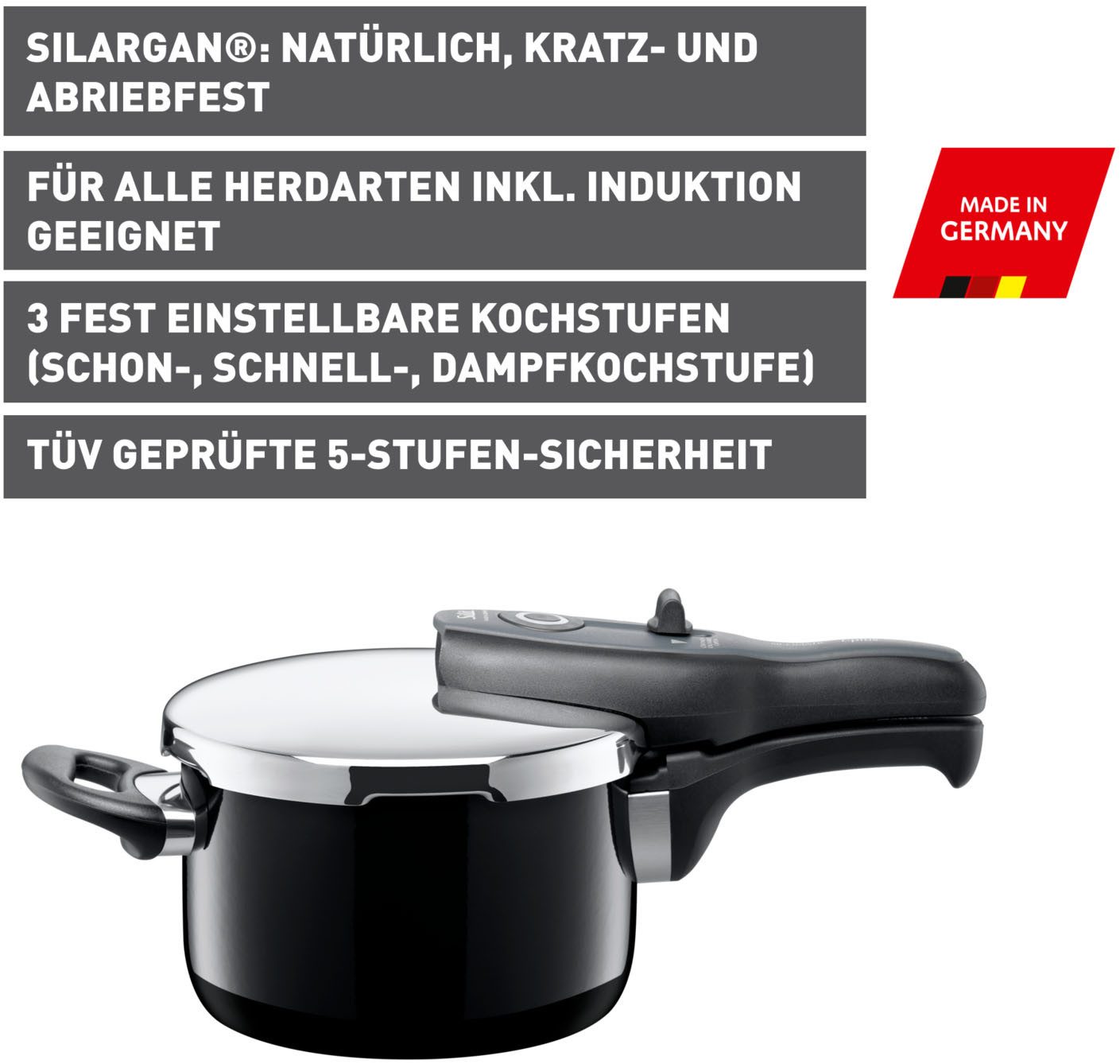 Silit Schnellkochtopf SICOMATIC T-PLUS, Induktionstopf spülmaschinengeeignet, Silargan®, für alle gängigen Herdarten geeignet, 3 Kochstufen, Made in Germany