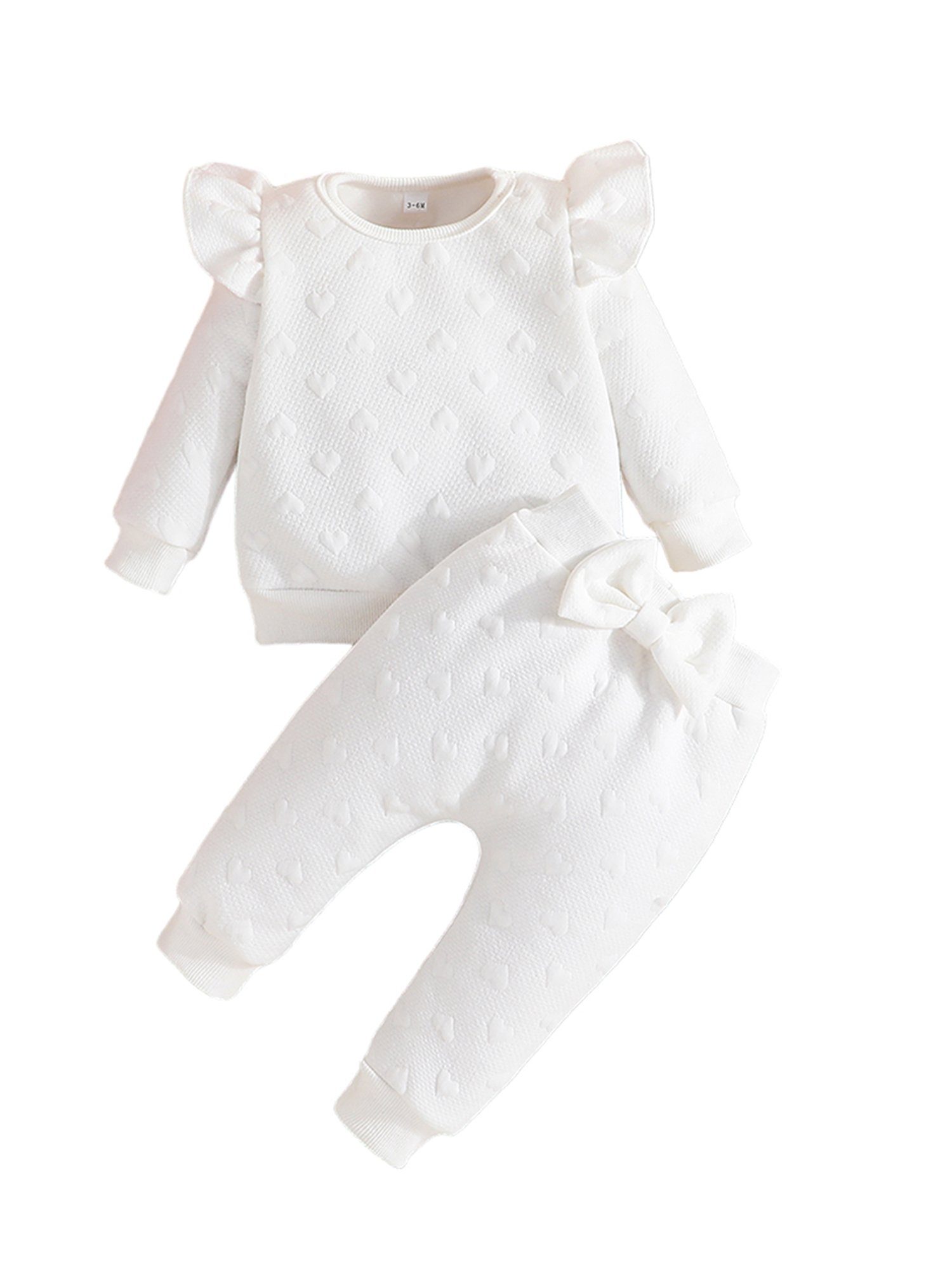 LAPA Langarmshirt & Hose Babys Langarmanzug mit fliegenden Ärmeln gesticktem Herzmuster (2-tlg) Strickanzug, einfarbig, Rippbündchen Weiß