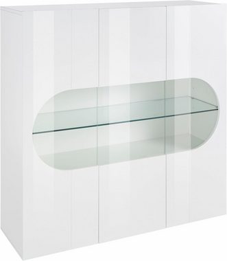 INOSIGN Highboard Real,Highboard,Kommode,Schrank mit 3 Türen,komplett hochglanz lackiert, mit 3 Türen, davon 2 aus Glas, mit einer großen Glasablage im Inneren