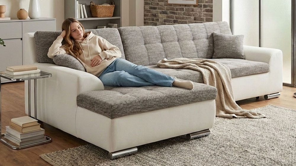 DOMO collection Ecksofa TREVISO viele Bezüge, auch in Cord, L-Form, 267x178 cm, mit Bettfunktion, inkl. Zierkissen, Unser Dauertiefpreis