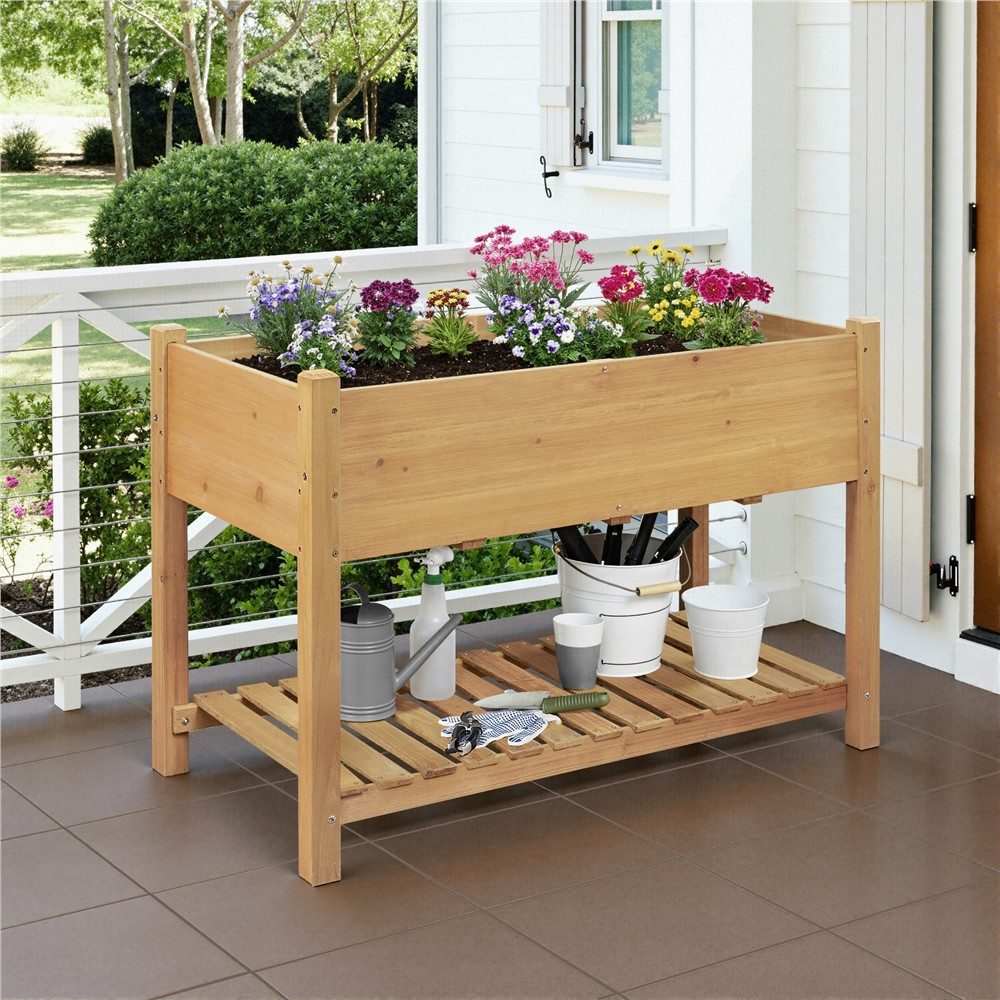 Yaheetech Hochbeet Pflanzkasten aus Massivem Tannenholz, Blumenkasten mit Ablagefach für Garten/Hof/Balkon/Außenbereich