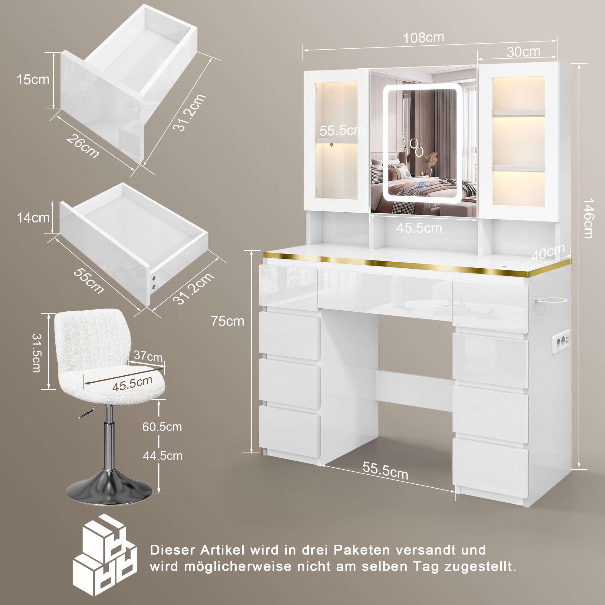 HOMALL Schminktisch LED-Schminktisch mit Spiegel, 108 cm breit, Hocker-Set optional (Gesamtmaße: 108 × 40 × 146 cm, mit 9 Schubladen, 3 offenen Ablagefächern, 2 – Bild 2 von 5