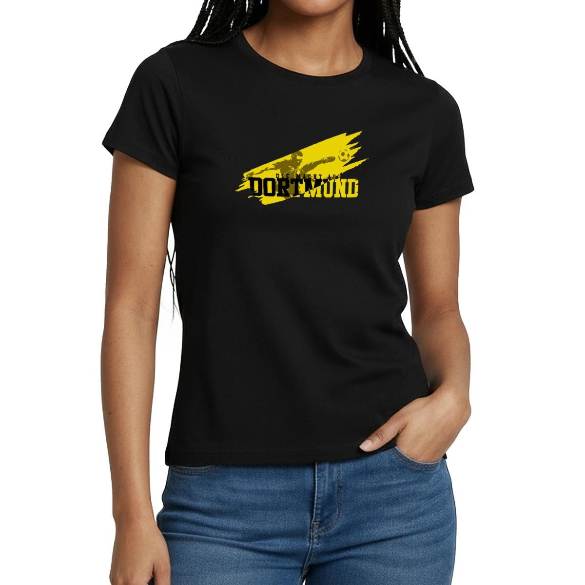 Spreadshirt T-Shirt Die Macht Aus Dortmund Schwarz-Gelb Fußball Fan Frauen T-Shirt (1-tlg)