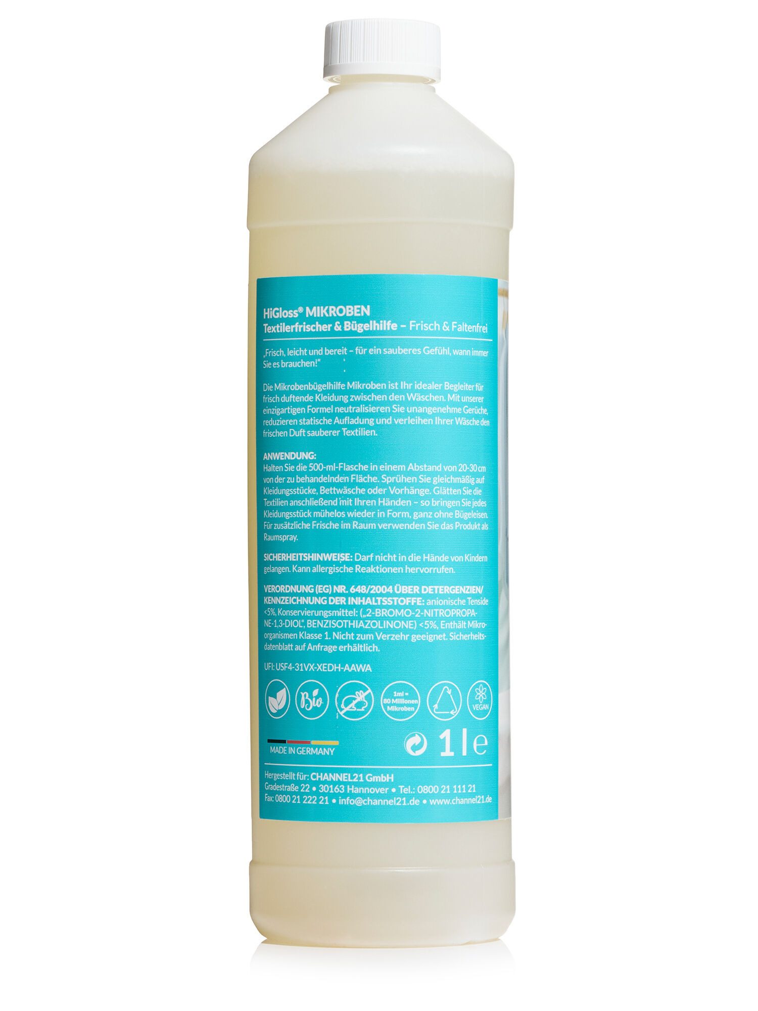 HiGloss Bügelspray Textilerfrischer und Bügelhilfe, faltenfrei, 1000 ml + Sprühflasche, 2 St., entfernt Gerüche, glättet Falten - inkl. Sprühflasche