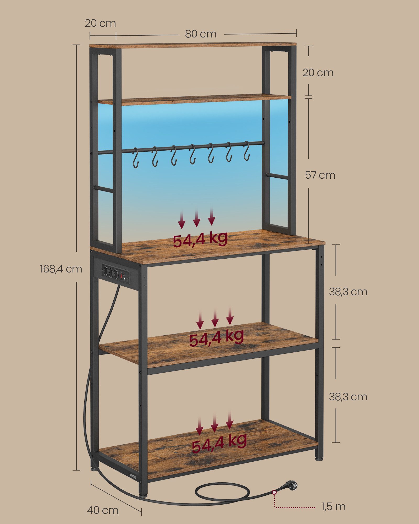 VASAGLE Standregal, mit LED-Beleuchtung, Steckdosen, verstellbaren Ablagen, 8 Haken