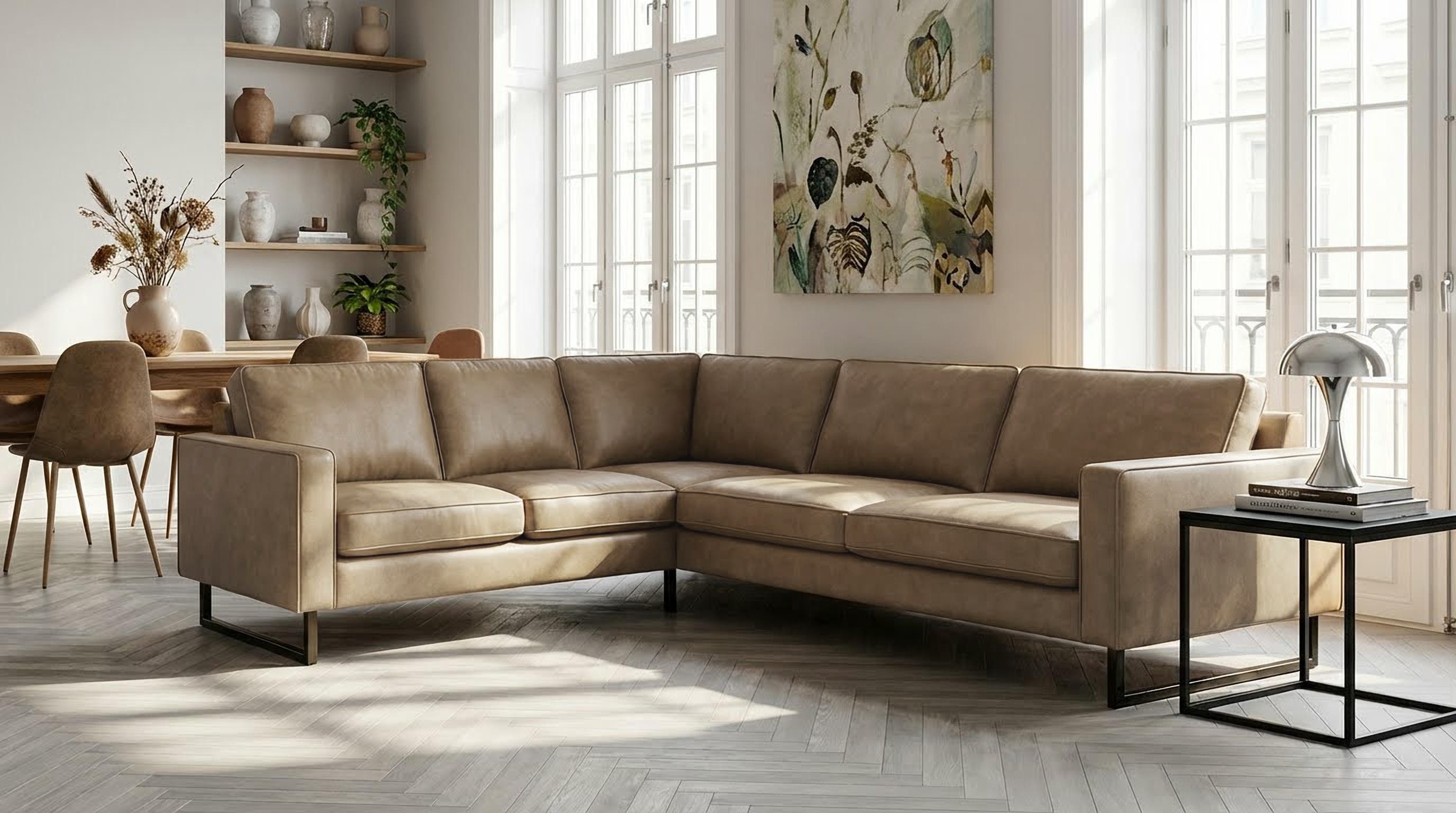 OTTO home Ecksofa Pinto, XXL, 250/290 cm, langer Schenkel, Ottomane, Cord, Chenille, Lederoptik, mit Keder, Metallfüße, Wellenunterfederung