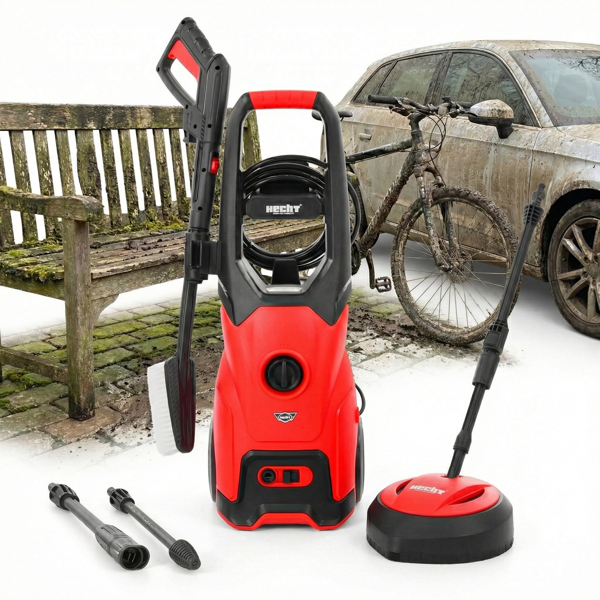 Hecht Hochdruckreiniger elektrisch mit Terrasen- & Waschbürste, 5,7m Schlauch, Druck max: 160 bar, Fördermenge max: 420 l/h, Transporträder, regulierbare Vario-Düse