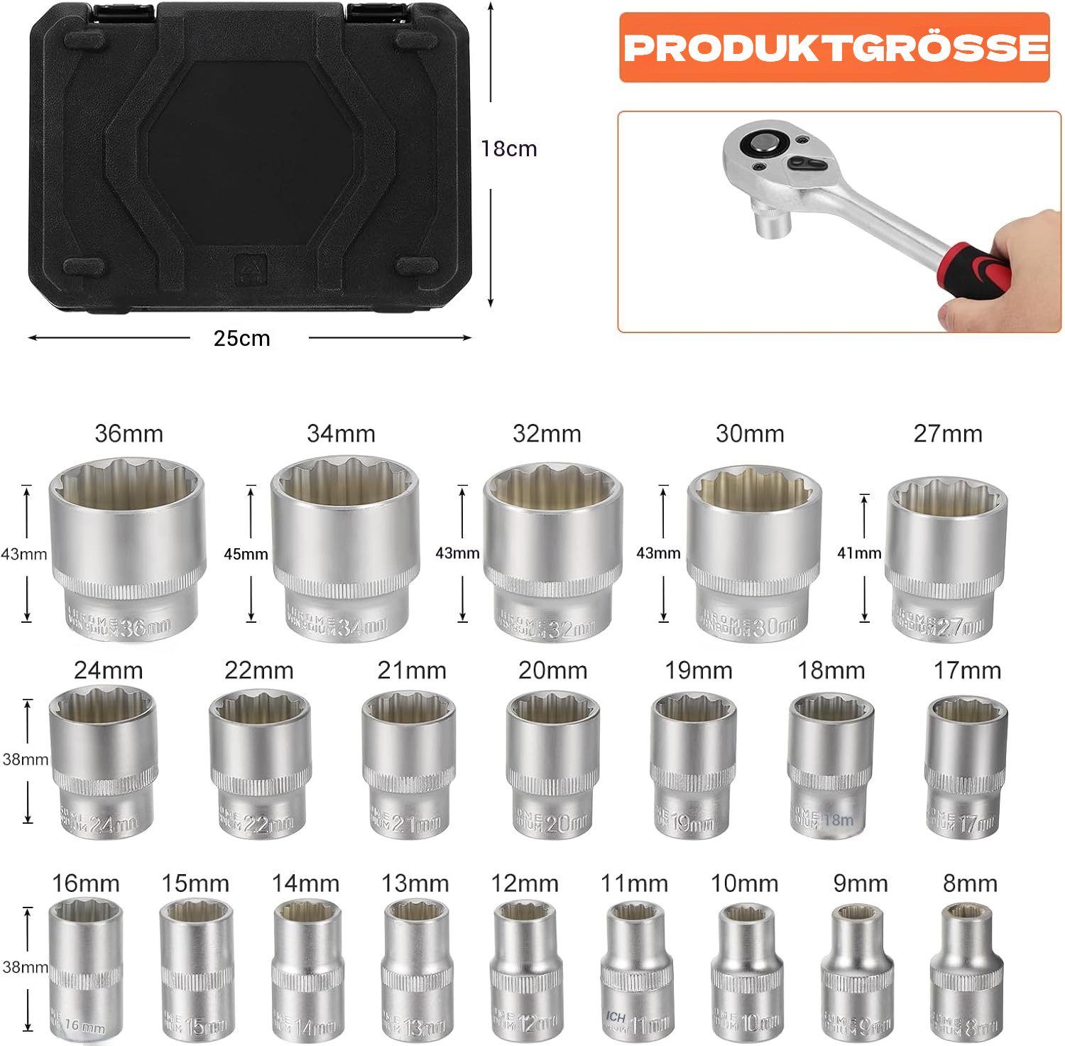 BlingBin Steckschlüssel 21Tlg 1/2 Zol Vielzahn Steckschlüssel Nusskasten (21er Set, 21 St., Kohlenstoffstahl), Steckschlüsselsatz Vielzahn 8-36 mm, für 6 und 12 – Bild 2 von 5