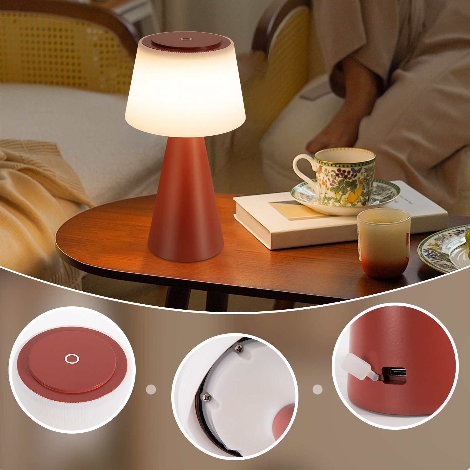 ZMH LED Tischleuchte kabellose Akku Tischlampe mit USB-C, Touch-Dimmer, 3 Helligkeitsstufen, Lichtfarbe 3000–6500 K, 3600 mAh, LED fest integriert, Warmweiß, fü – Bild 4 von 5