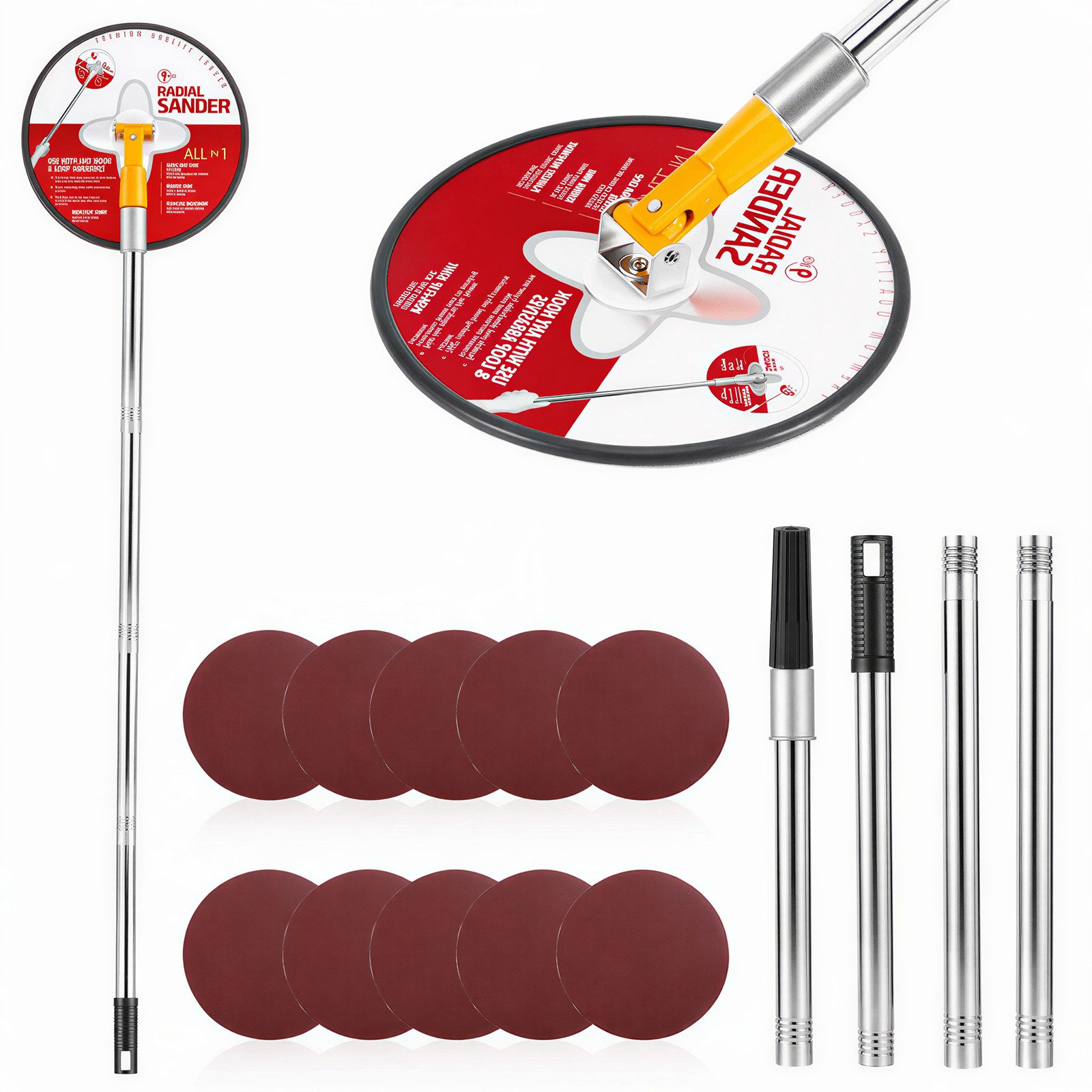 BlingBin Schleifpapier Handschleifer mit Verlängerungsstange & 360° drehbarem 22cm Rundkopf, (15er Set, 15 St., Verfügbare Körnungen Schleifblätter: 80, 120, 150, 180, 240), Klettaufnahme, für Gips und Holz, inkl. 10 Schleifblättern P80–P240