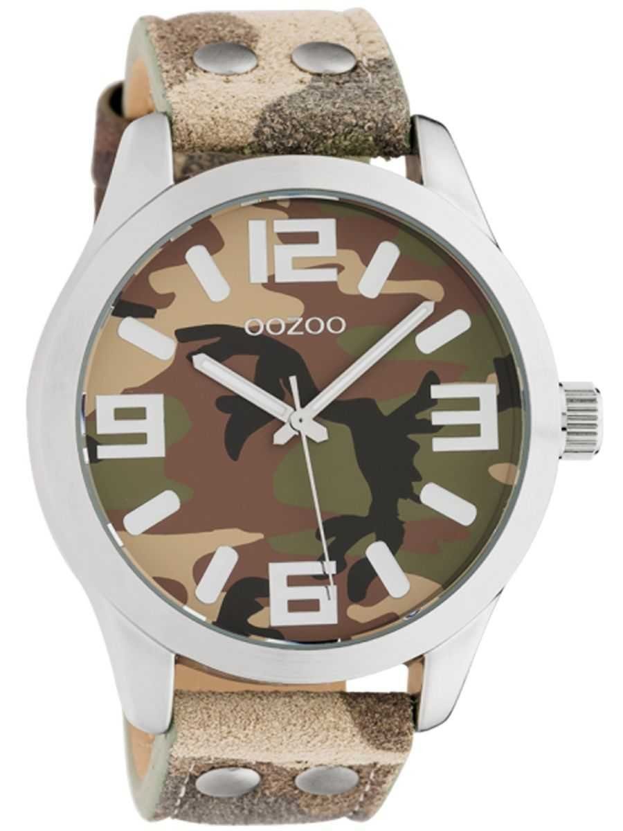 OOZOO Quarzuhr XXL Basic Line Armbanduhr C1066 camouflage Lederband mit Nieten 47 mm