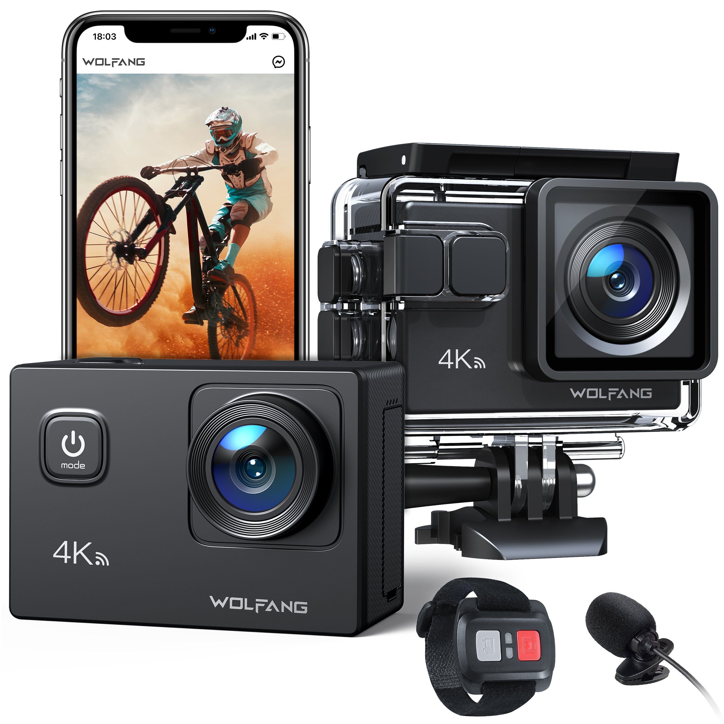 WOLFANG Action Cam (FULL HD, 4K 20MP, 40M wasserdicht, Wi-Fi, Externes Mikrofon, Fernbedienung)