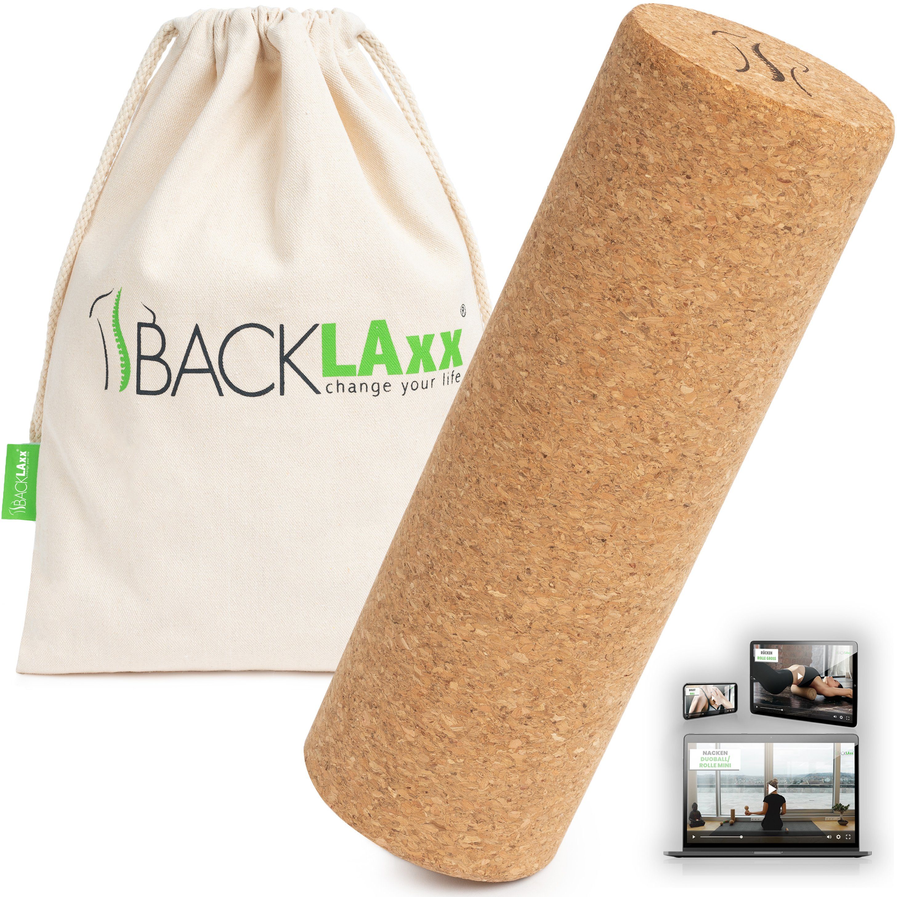 BACKLAxx® Pilatesrolle Set (1-tlg., Rolle groß, Beutel), Korkrolle zur Selbstmassage, zur myofaszialen Selbstmassage