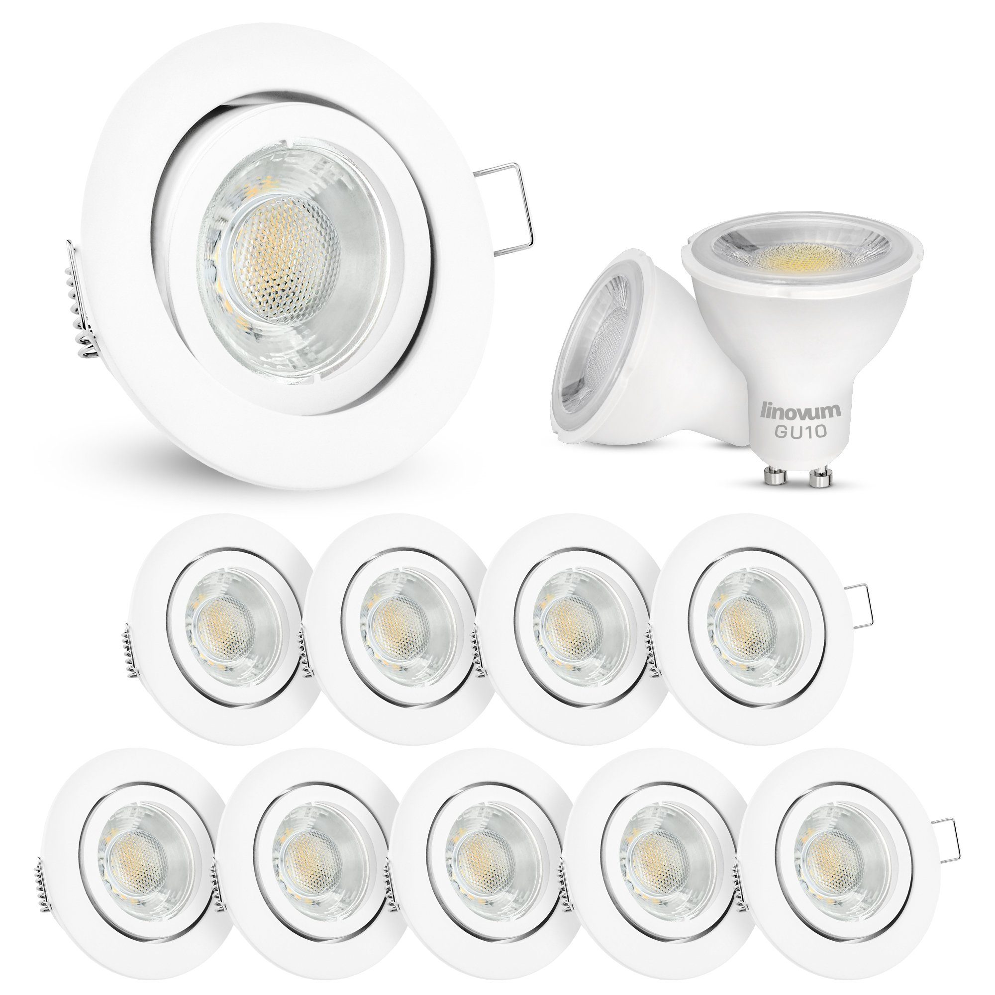 linovum LED Einbaustrahler 10 x LED Einbaustrahler weiss rund schwenkbar Spot inkl. LED GU10, Leuchtmittel inklusive, Leuchtmittel inklusive