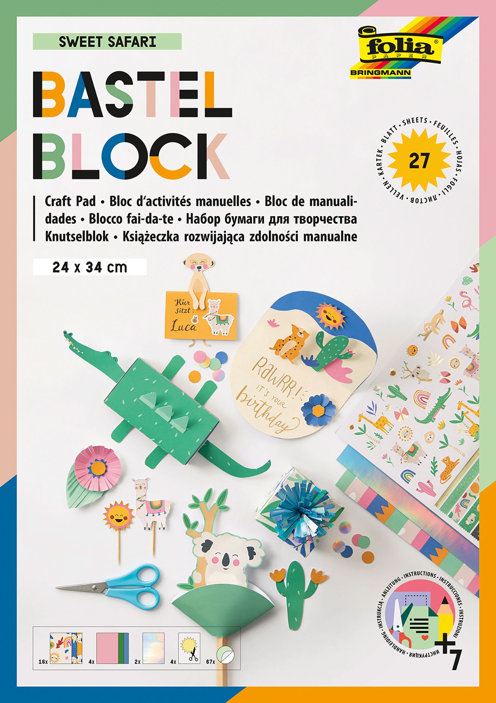 Folia Motivpapier Bastelblock Sweet Safari, 27 Bogen | Papier