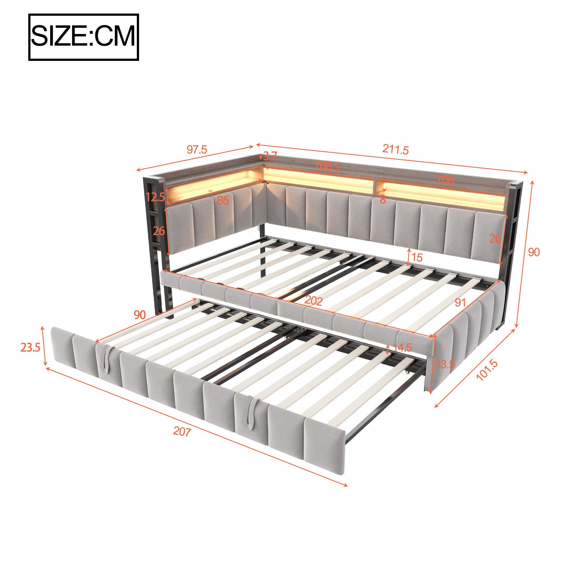Merax Daybett 90x200cm Schlafsofa mit LED-Beleuchtung & USB-Anschluss (Sofabett Jugendbett Kinderbett, 1 tlg), Polsterbett Samtstoff Tagesbett mit Ausziehbett S – Bild 5 von 5