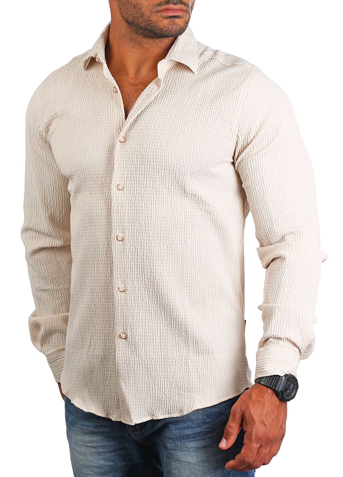 Langarmhemd Hemd trendige Riffel Optik retro Look stretch 8596