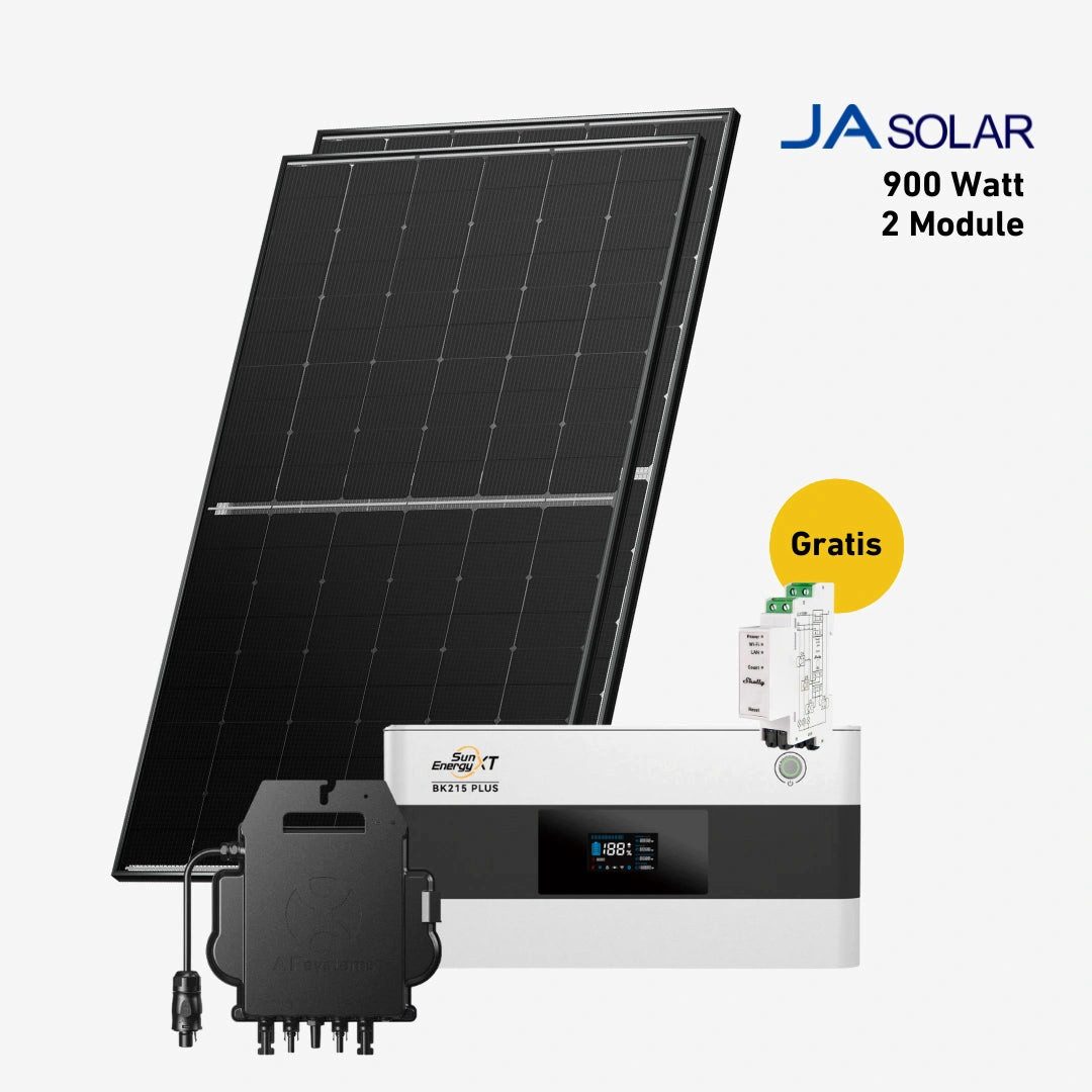 Balkonstrom Balkonkraftwerk 900W + Speicher, SunEnergyXT BK215 Plus, Komplettset, Bifazial, 900 W, Monokristallin, (SunEnergyXT BK215 Plus Stromspeicher), Made in Germany Kabel