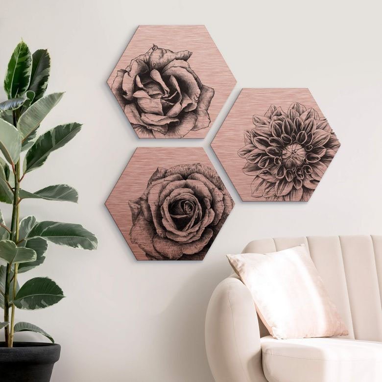 Wall-Art Mehrteilige Bilder Florales Blumen Set Kupfer, (Set, 3 St)