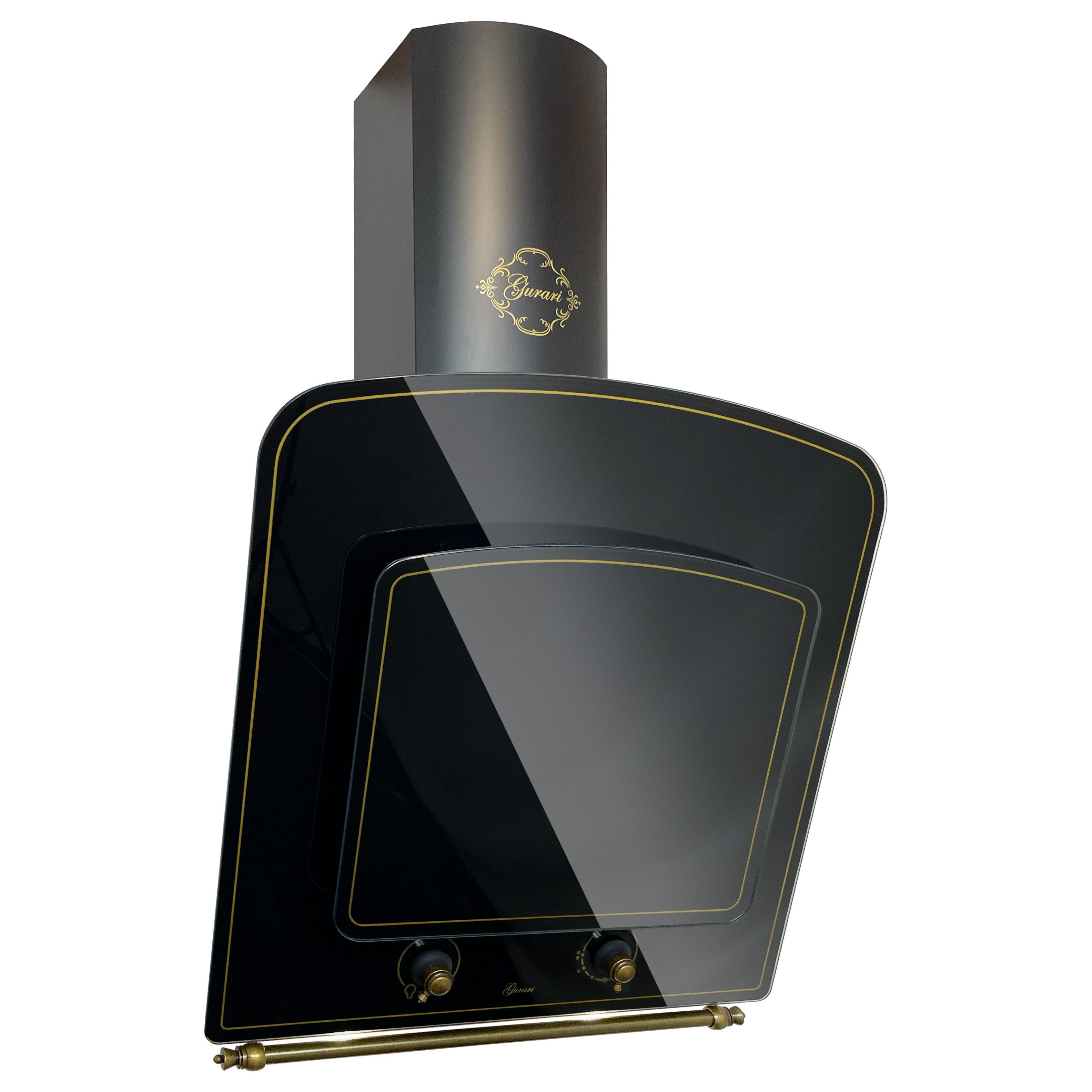 GURARI Kopffreihaube GCH S 142 60 BL N+Schluach Serie Vintage Wandhaube aus Schwarz Glas GCH S 142 60 BL N+Schluach, Exklusive Retro Dunstabzugshaube 60 cm kopffrei, 1000m³/h