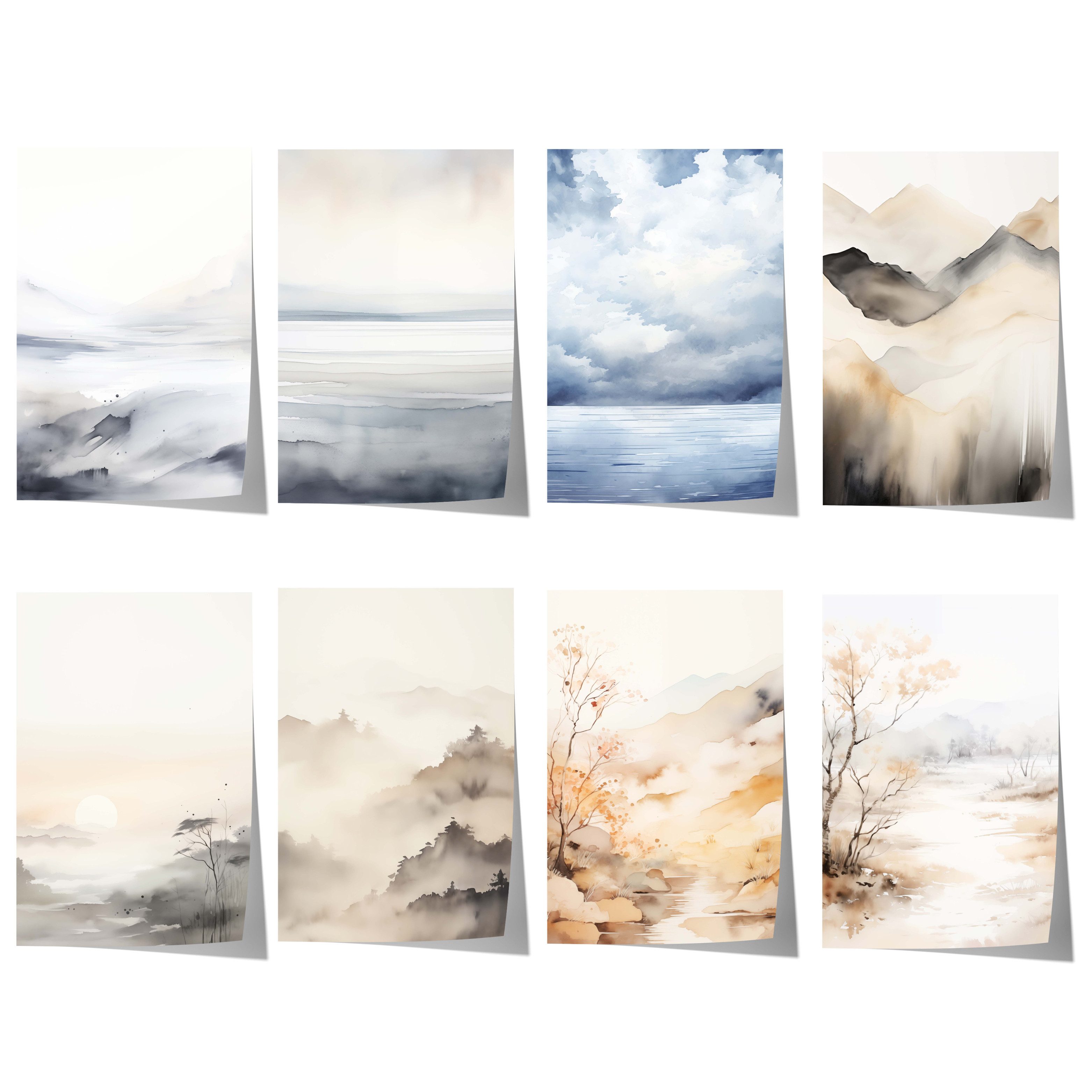 JUSTGOODMOOD Poster Aquarell Landschaft Geschenkidee Nebelige Berge und Ruhige Naturkunst, E (1 St)