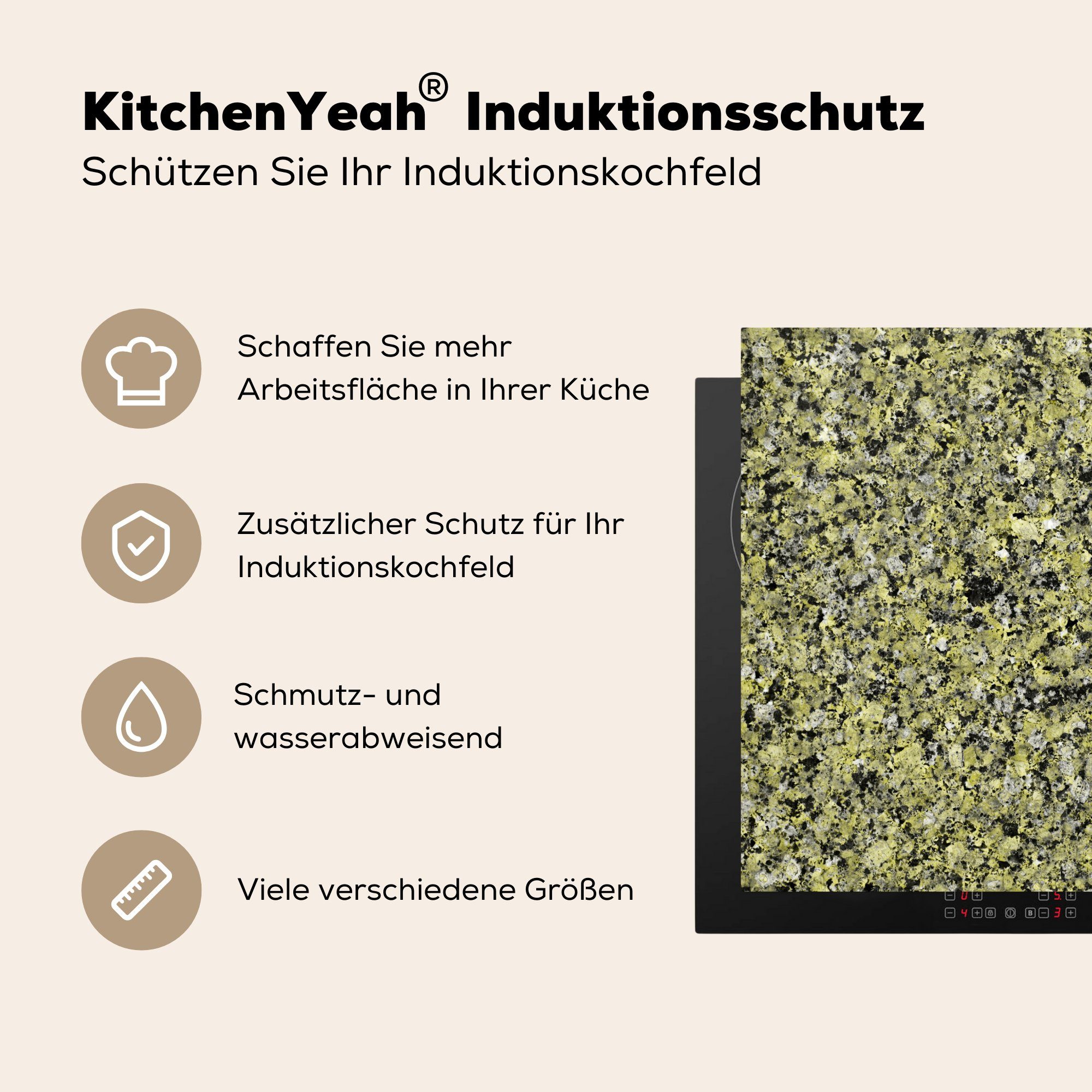 78x78 Arbeitsplatte Vinyl, - Kristalle tlg), (1 Herdblende-/Abdeckplatte Ceranfeldabdeckung, - MuchoWow Schwarz, für Grün küche - Granit cm,