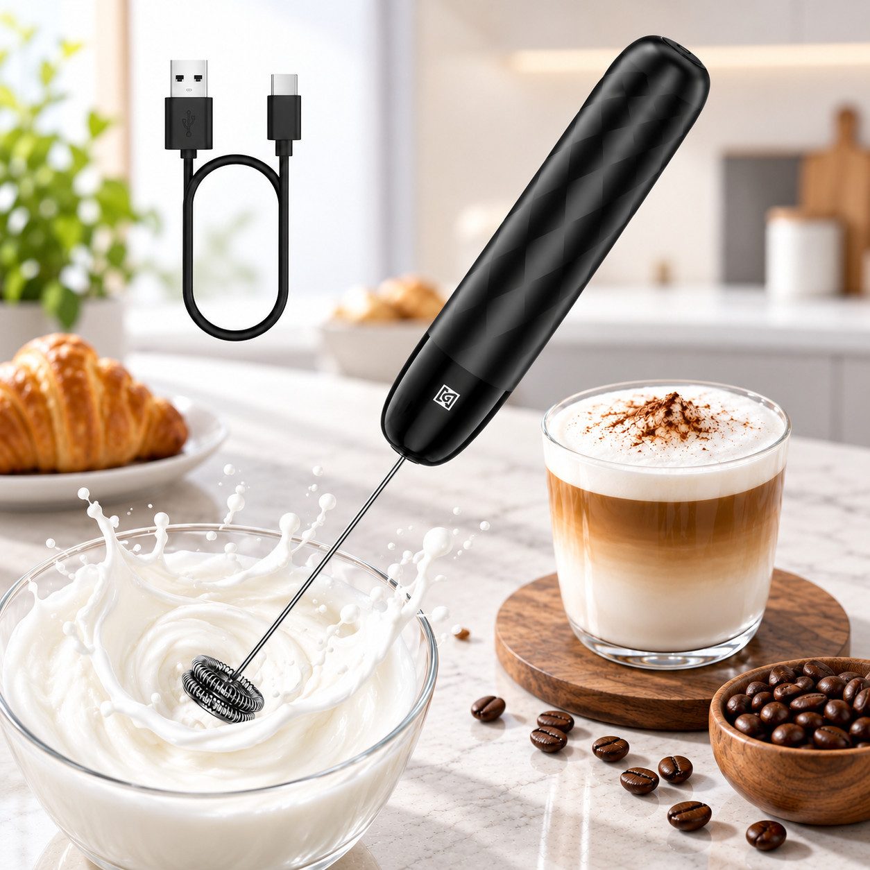 Maestri House Milchaufschäumer Mini Wiederaufladbarer Milchaufschäumer kein Ständer, abnehmbarer Edelstahl-Schneebesen, Mini-Mixer für Matcha