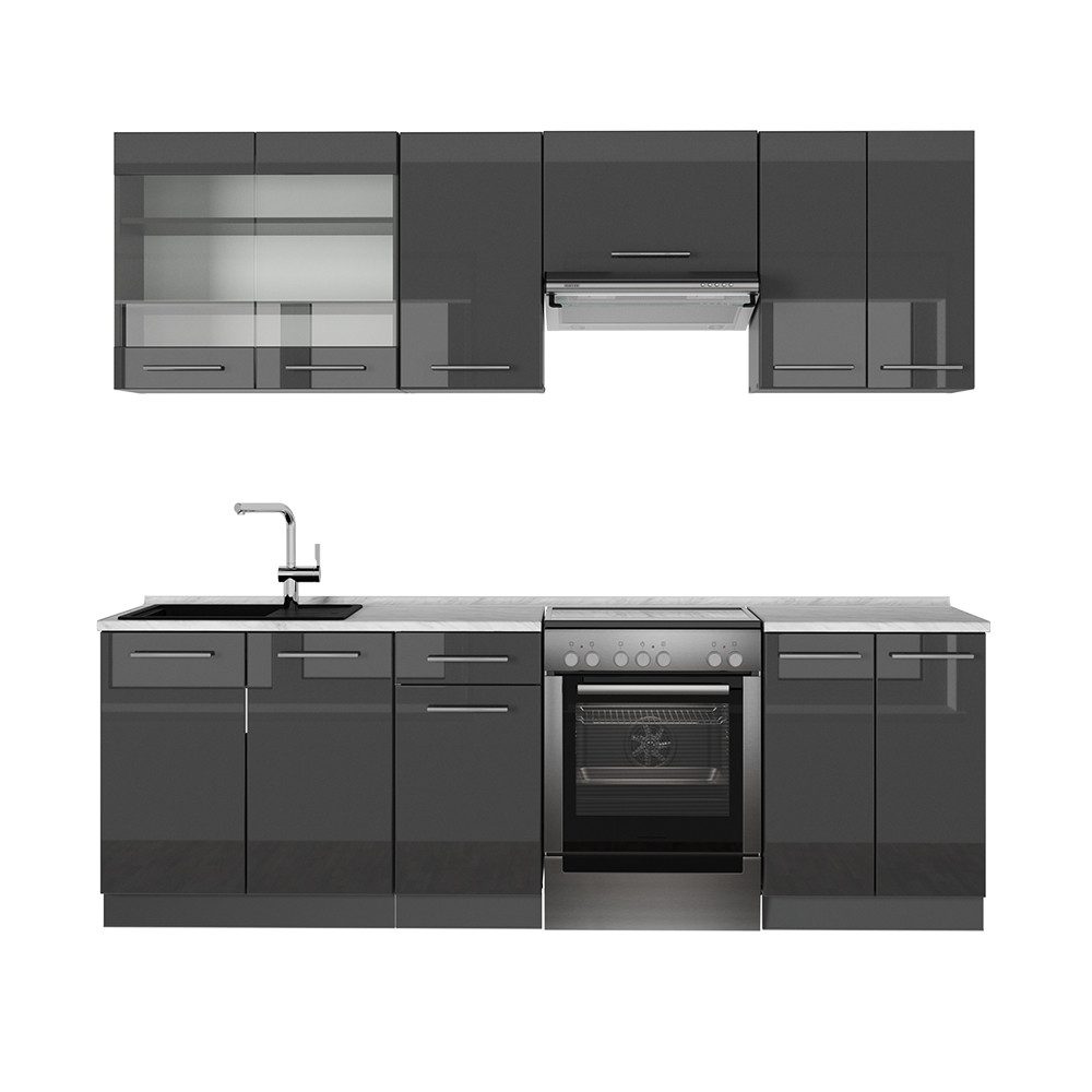 Vicco Küchenzeile Fame-Line, Anthrazit Hochglanz/Anthrazit, 240 cm, AP Marmor