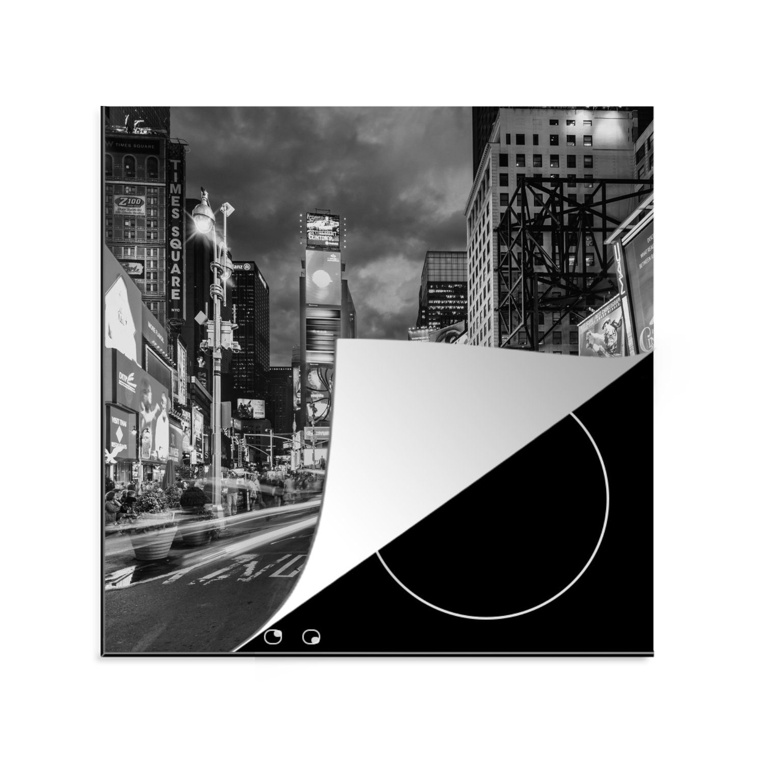 MuchoWow Herdblende-/Abdeckplatte Times Square New York - schwarz und weiß, Vinyl, (1 tlg), 78x78 cm, Ceranfeldabdeckung, Arbeitsplatte für küche