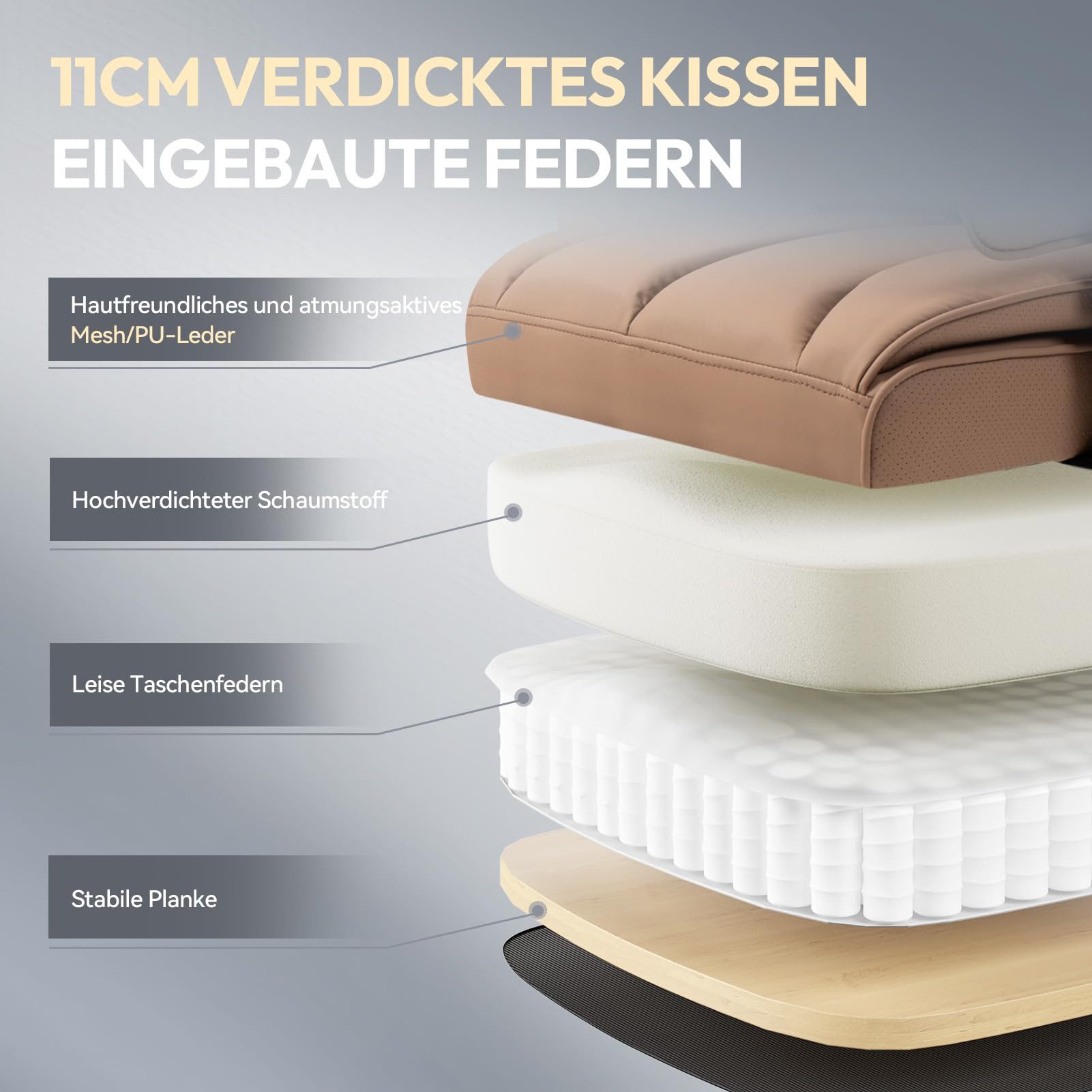 Dowinx Gaming-Stuhl Bürostuhl Ergonomisch mit Taschenfeder-Kissen (Packung), Chefsessel mit weiche Rückenlehne und verstellbare Lendenkissen