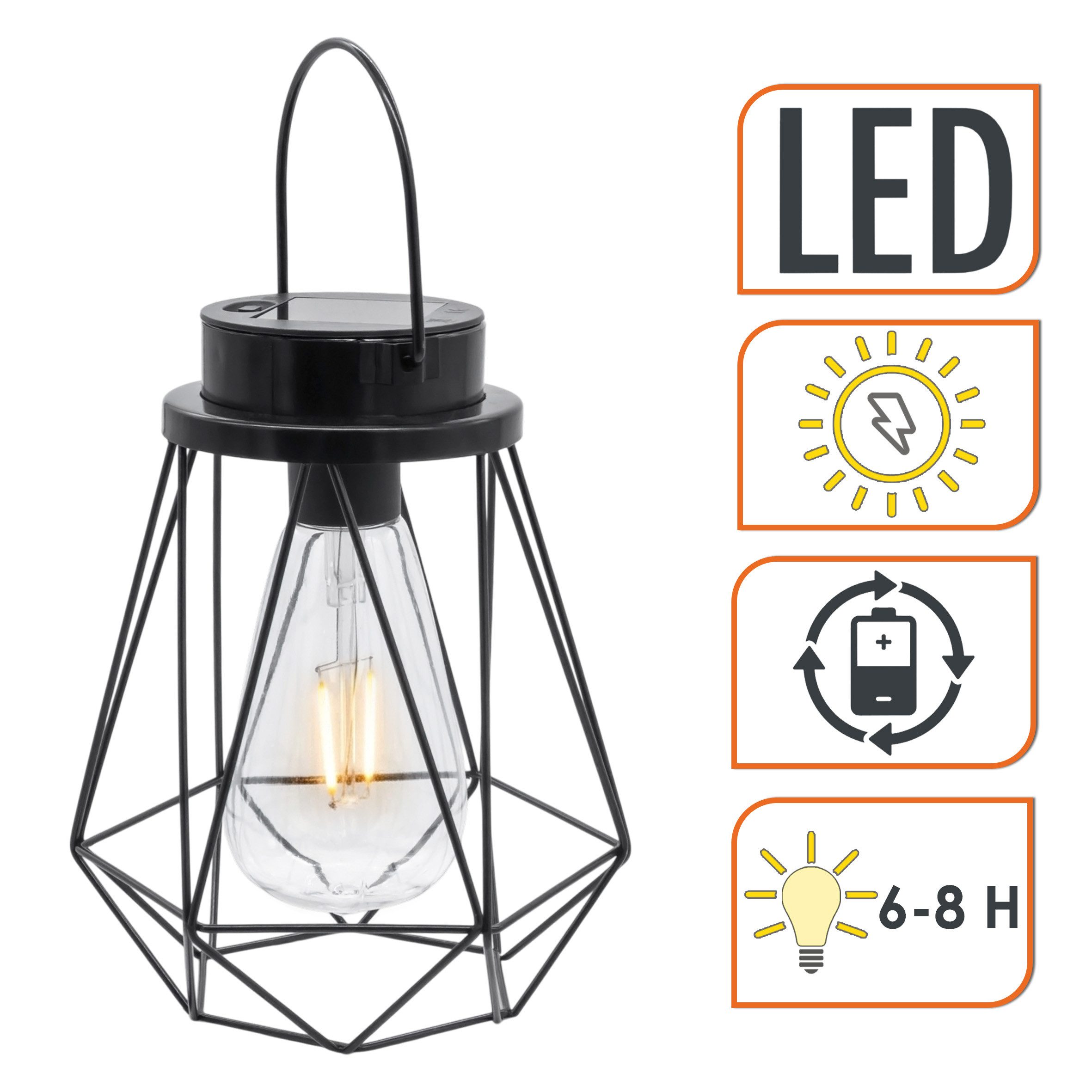 Spetebo LED Laterne Solar Laterne schwarz 18 x 15 cm zum Hängen oder Stellen, der Akku ist austauschbar, LED fest integriert, warm weiß, mit Einschaltautomatik