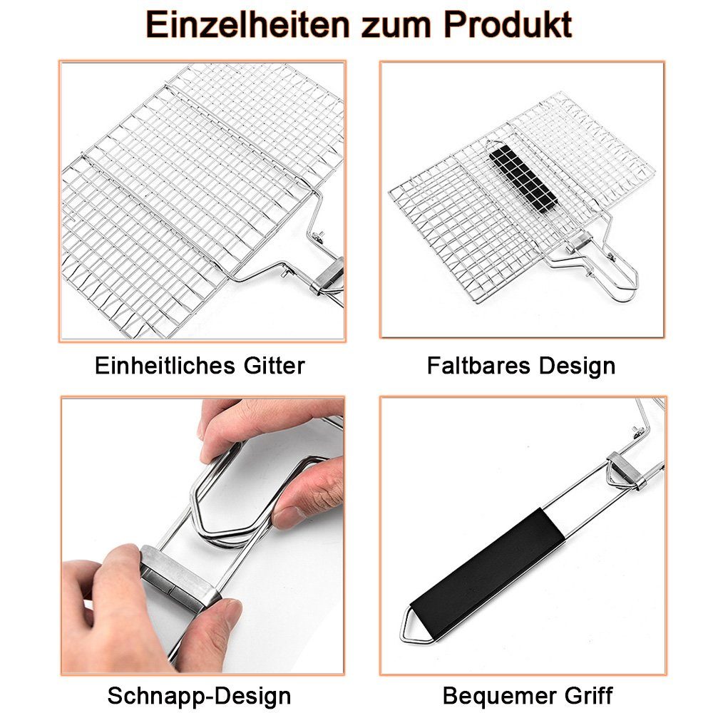 NUODWELL Grillplatte Fisch-Grillkorb, faltbar, tragbarer Edelstahl-Grillkorb für Grillen