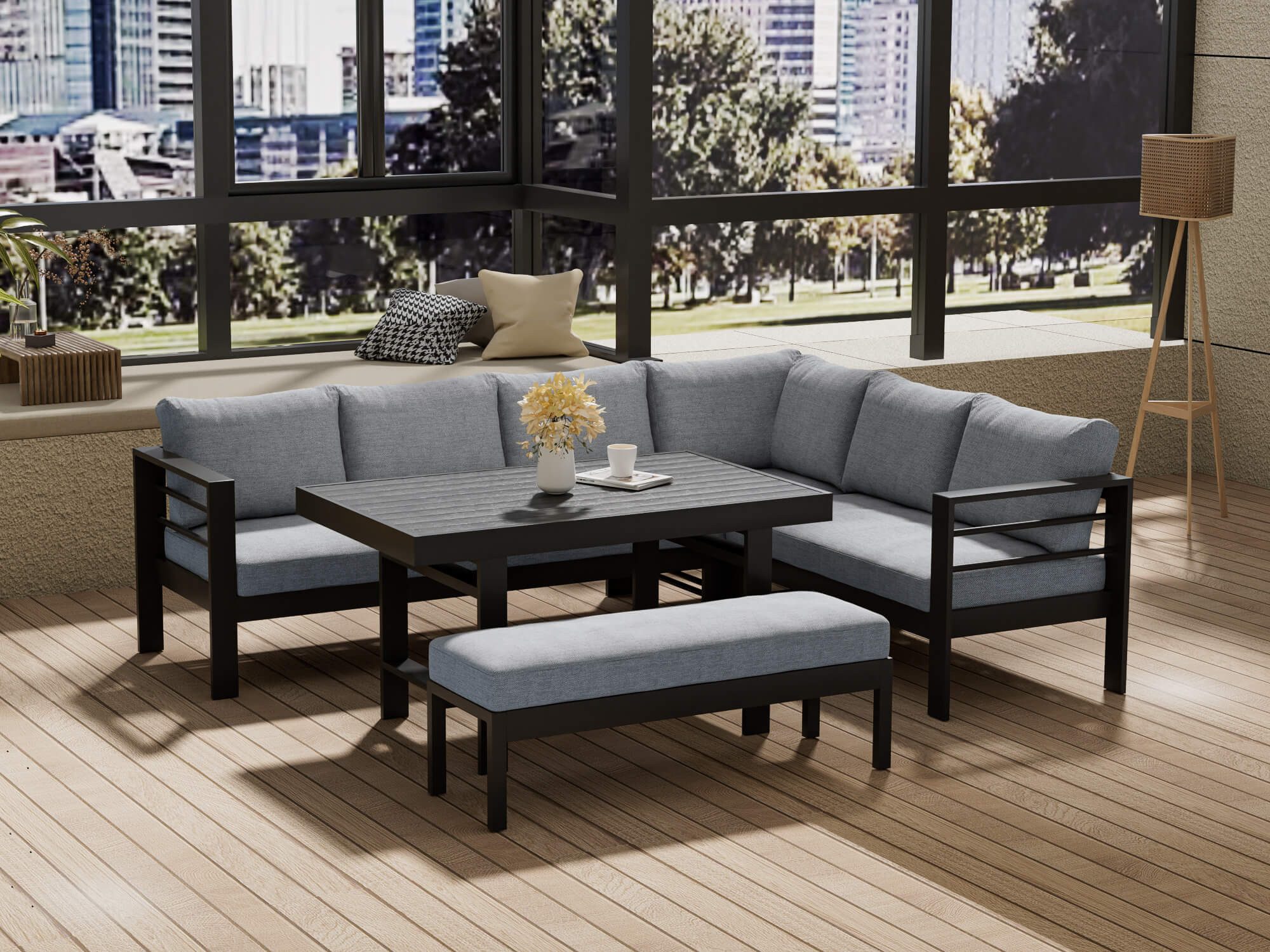 MeXo Gartenlounge-Set XXL Gartenmöbel Set Aluminium für 6-8 Personen, (Ecksofa, 5-tlg., mit 12 cm dicken Sitzkissen, pflegeleichte Polywood-Tischplatte), 8 cm breite Armlehne, Belastbarkeit pro Sitzplatz 140 kg