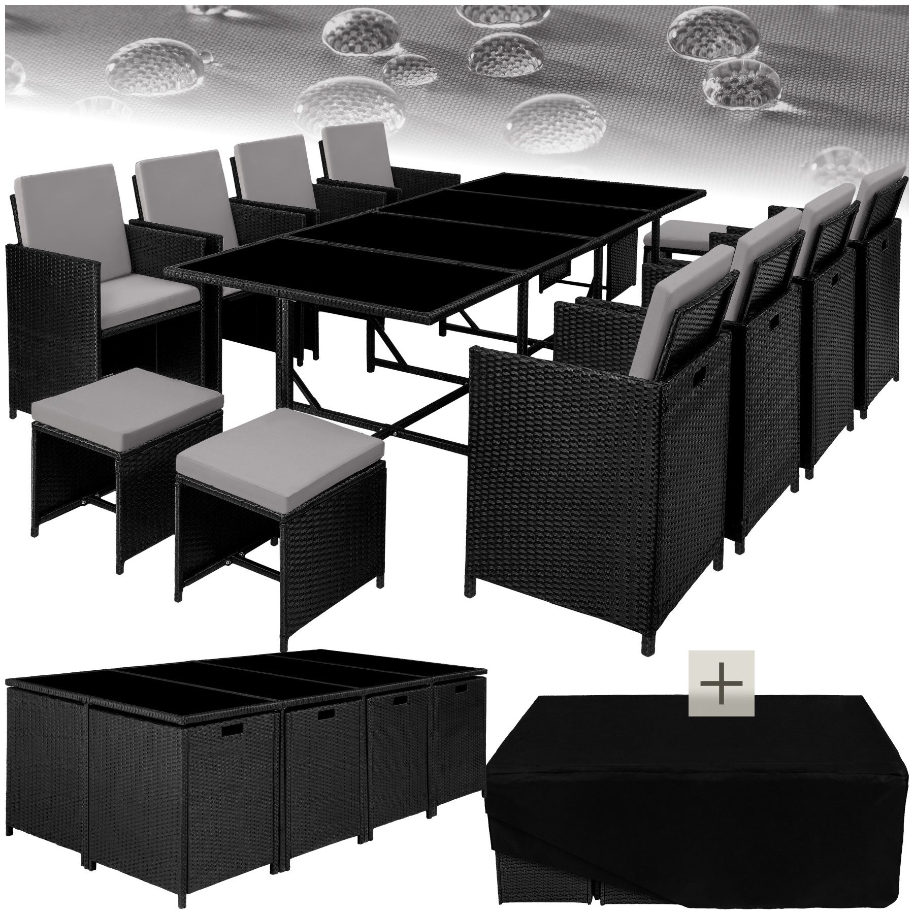 tectake Sitzgruppe Rattan Sitzgruppe, (Set., 12-tlg), Platzsparend durch Würfelsystem