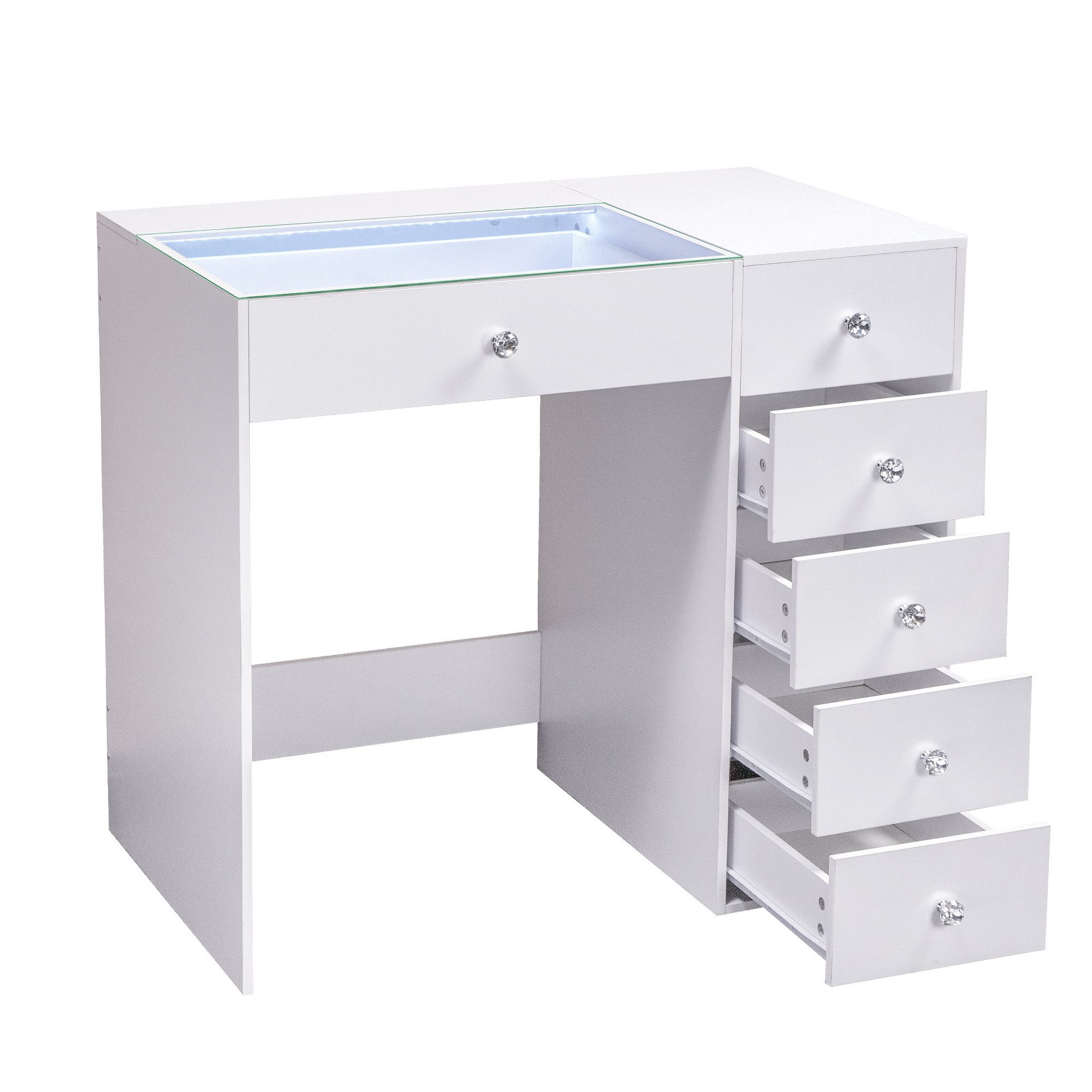 FENCHILIN Schminktisch mit Beleuchtung 6 Schubladen weiß 92x55x81cm (1-St), Kosmetiktisch mit Glasabdeckung und Kristallgriffen für Schlafzimmer – Bild 5 von 5