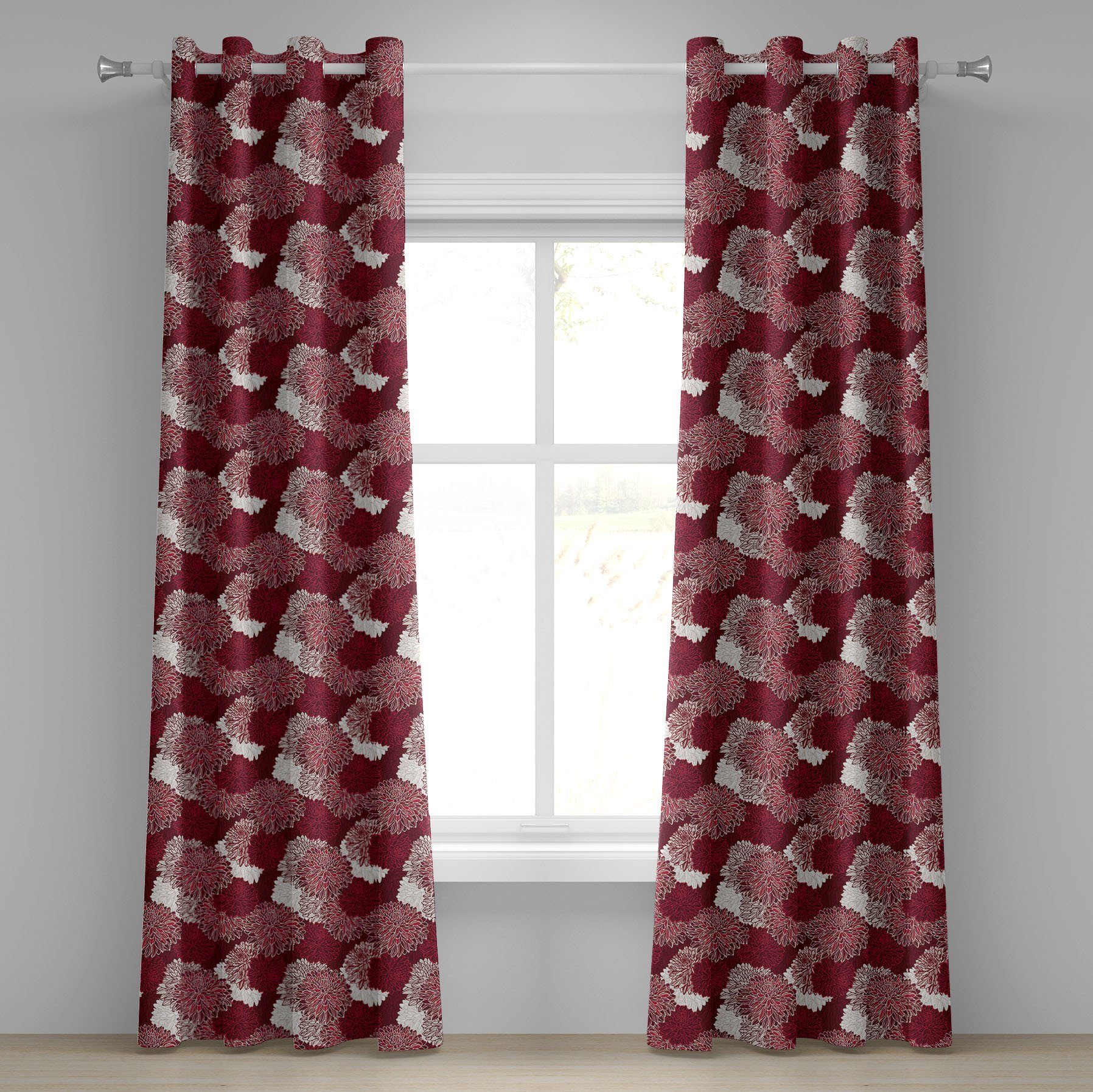 Gardine Dekorative 2-Panel-Fenstervorhänge für Schlafzimmer Wohnzimmer, Abakuhaus, Rot und weiß Chrysanthemen