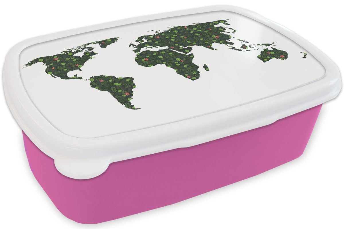 MuchoWow Lunchbox Weltkarte - Tropische Kinder, für Kunststoff Weiß, Erwachsene, Kunststoff, Brotdose rosa Snackbox, - Mädchen, Brotbox (2-tlg), Pflanzen