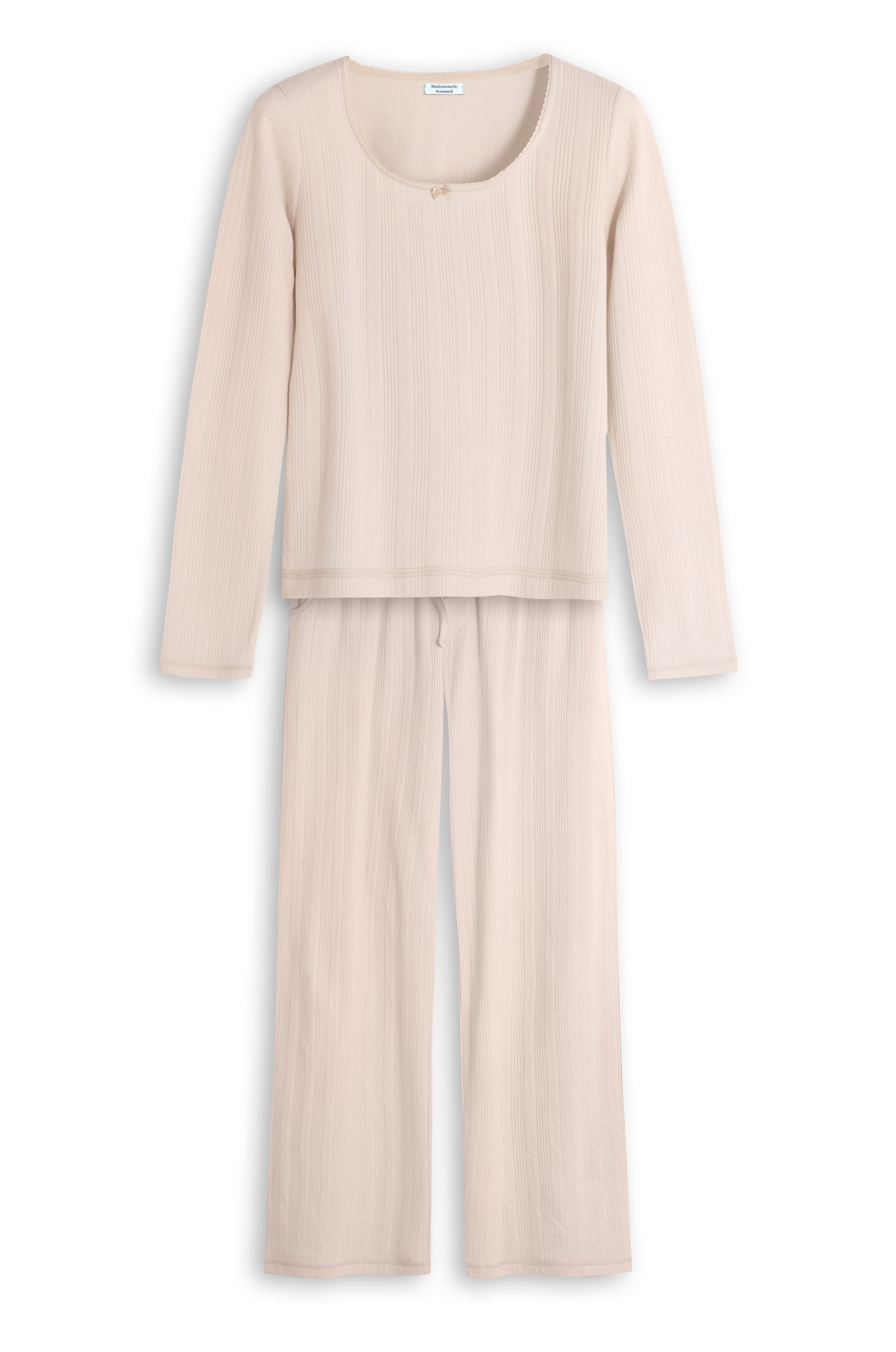 Mademoiselle Sommeil Pyjama Damen Schlafanzug aus Pointelle-Strick in zartem Beige-Ton aus 100% Baumwolle, Langarm, lange Hose