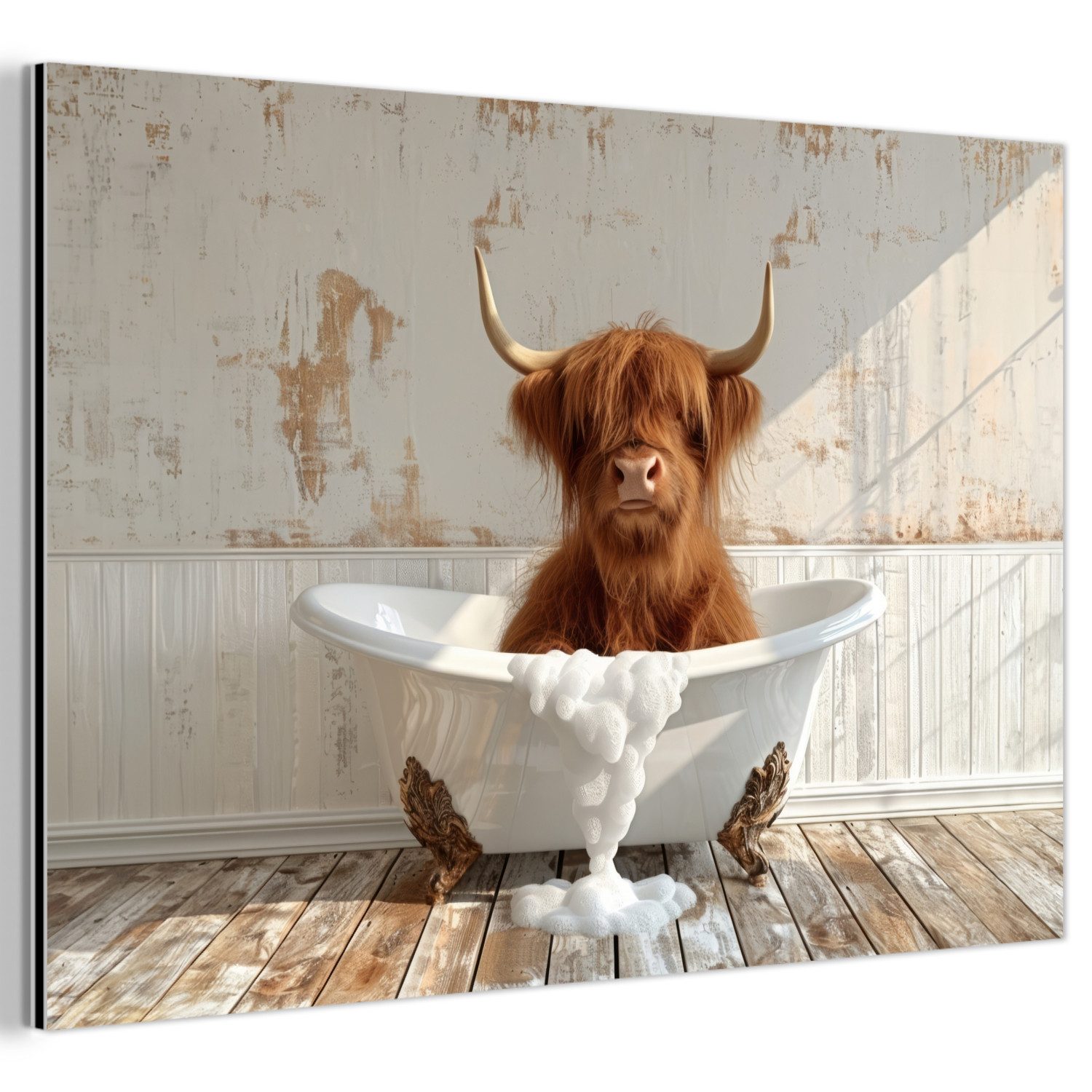 MuchoWow Metallbild Schottischer Highlander - Badewanne - Vintage - Kuh, Inkl. Aufhängung, Metallbilder Badezimmer, Toilette Bilder aus Metall, 120x80 cm