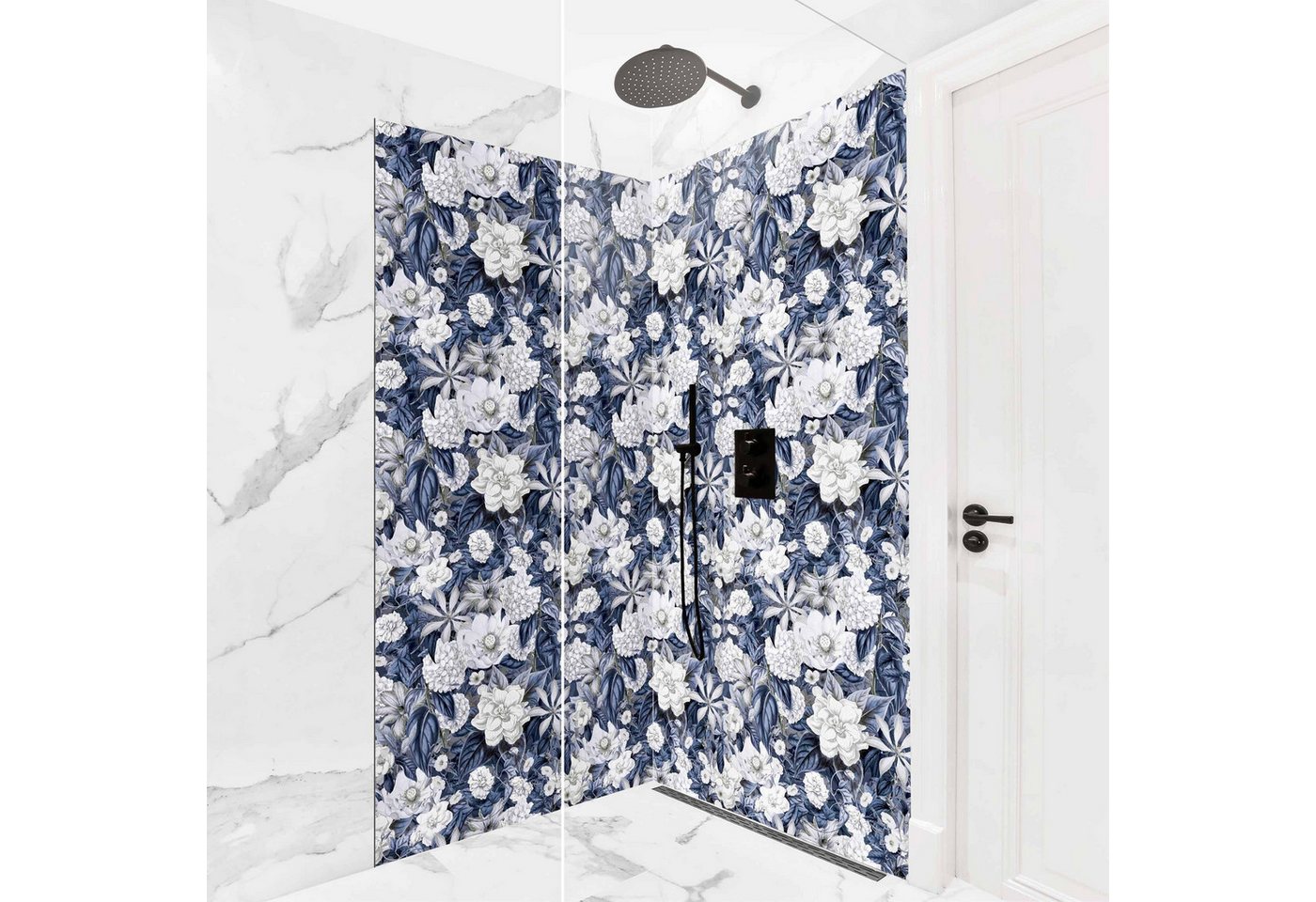 Thumbnail - Bilderdepot24 Badrückwand Muster blau Duschrückwand ohne Bohren Dusche Landhaus, (Hartfolie matt » Selbstklebend PREMIUM...